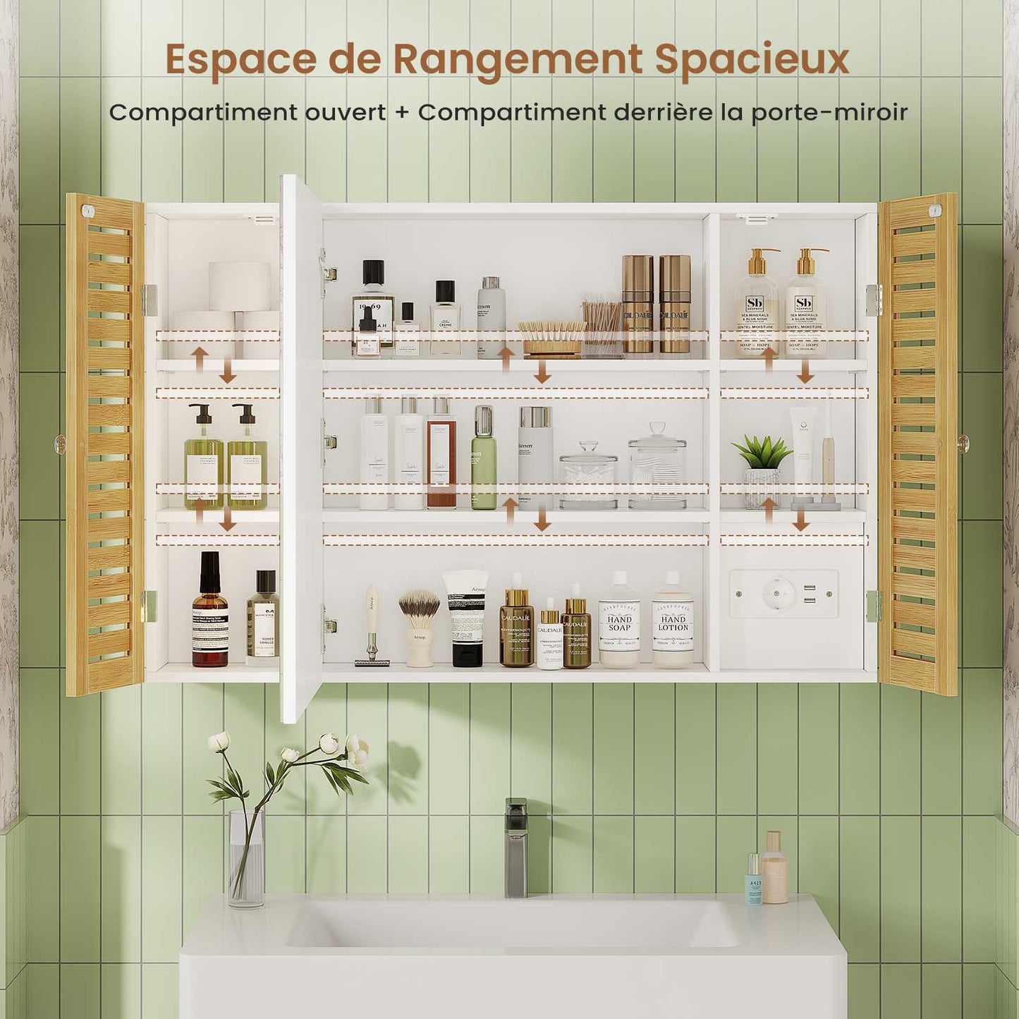 AOGLLATI Meuble de salle de bains avec éclairage LED et prise électrique comprenant une coiffeuse avec miroir et étagères réglables, 6 compartiments de rangement 90x16x60cm