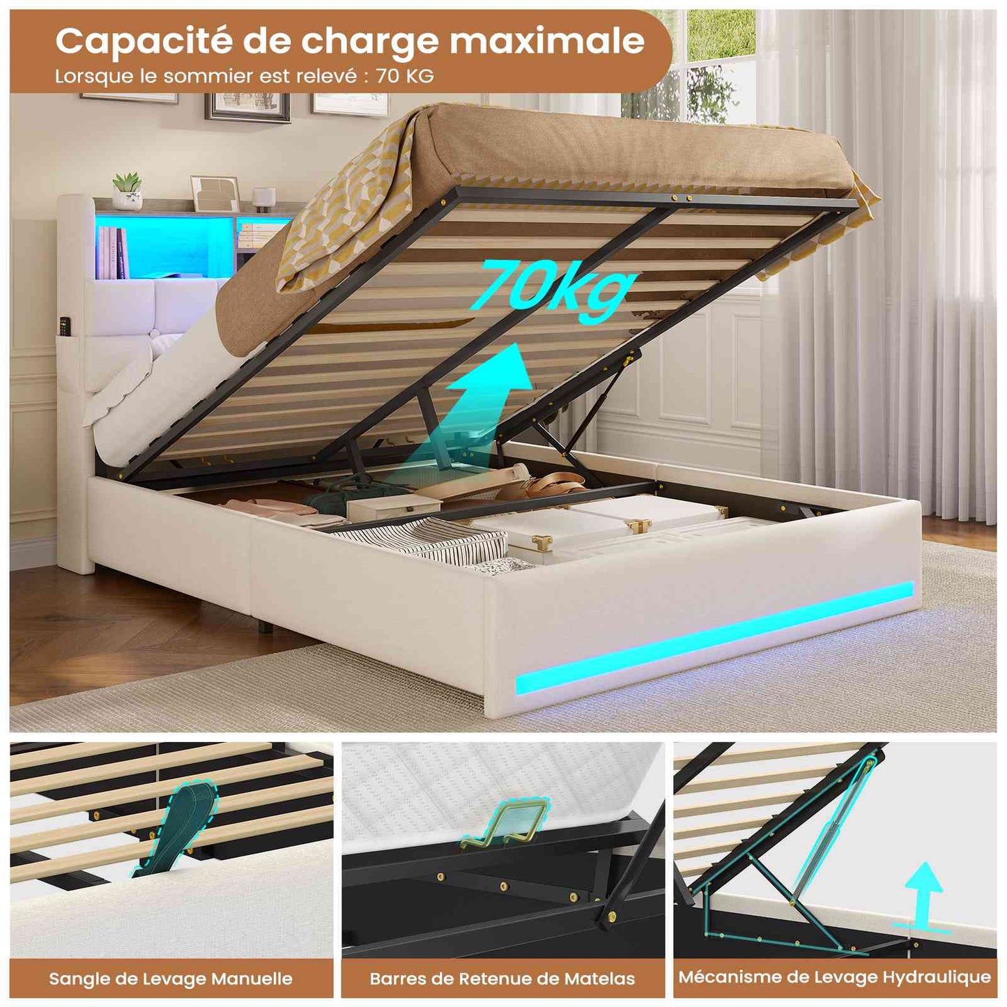 Lit simple avec rangement AOGLLATI 140 x 190 avec multiprise et éclairage LED réglable doté de 5 compartiments de rangement et d'un espace de rangement sous le lit en lin gris foncé