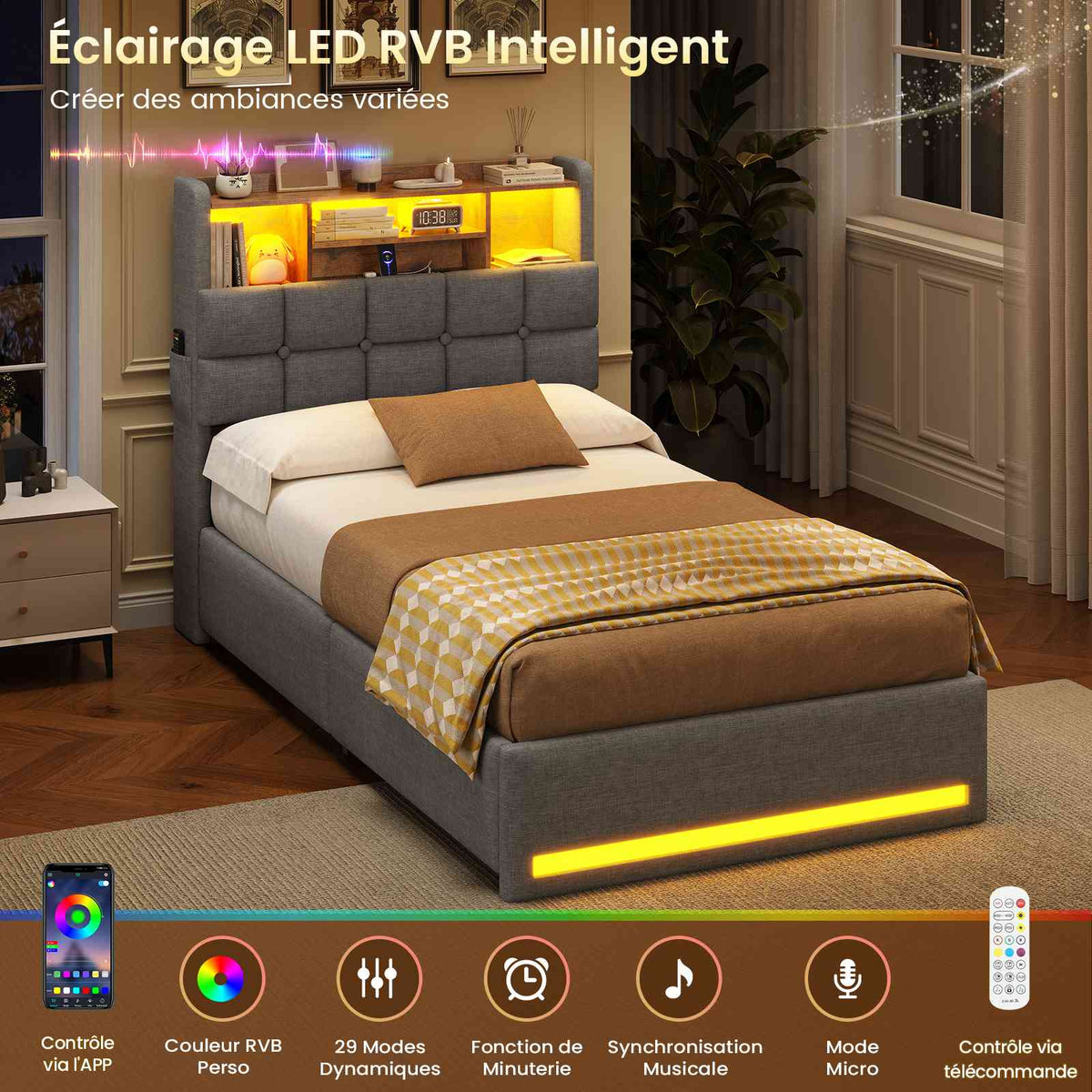 Lit simple avec rangement AOGLLATI 90 x 200 avec multiprise et éclairage LED réglable doté de 5 compartiments de rangement et d'un espace de rangement sous le lit en lin gris foncé