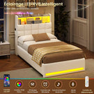 Lit simple avec rangement AOGLLATI 90 x 200 avec multiprise et éclairage LED réglable doté de 5 compartiments de rangement et d'un espace de rangement sous le lit en lin gris foncé