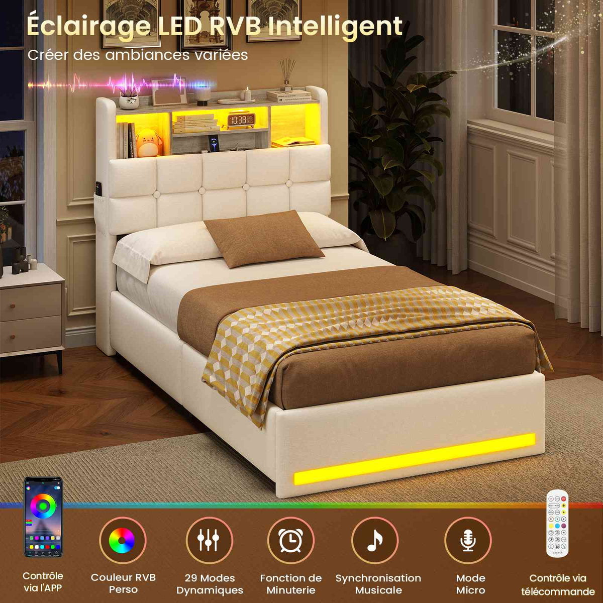 Lit simple avec rangement AOGLLATI 90 x 200 avec multiprise et éclairage LED réglable doté de 5 compartiments de rangement et d'un espace de rangement sous le lit en lin gris foncé