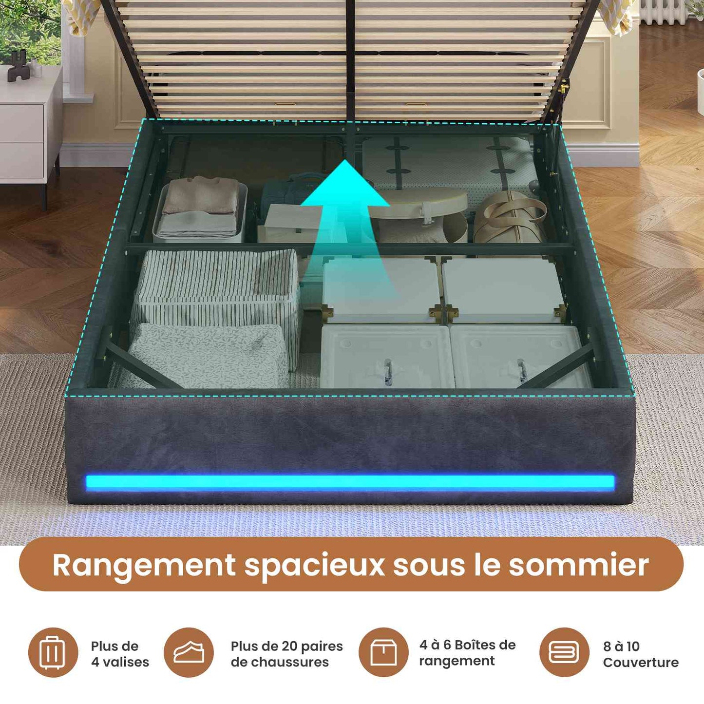 Lit simple avec rangement AOGLLATI 140 x 190 avec multiprise et éclairage LED réglable doté de 5 compartiments de rangement et d'un espace de rangement sous le lit en lin gris foncé