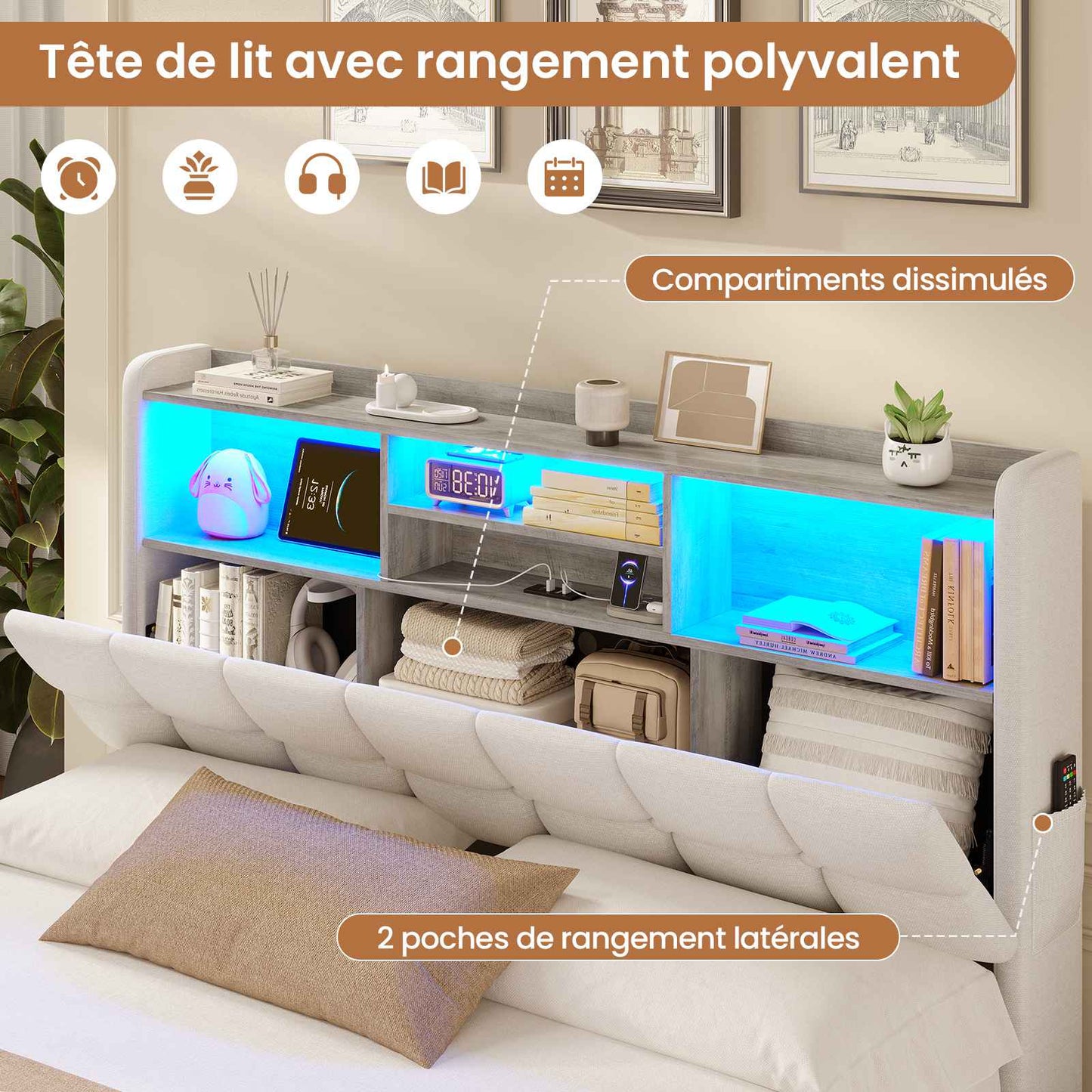 Lit simple avec rangement AOGLLATI 140 x 190 avec multiprise et éclairage LED réglable doté de 5 compartiments de rangement et d'un espace de rangement sous le lit en lin gris foncé