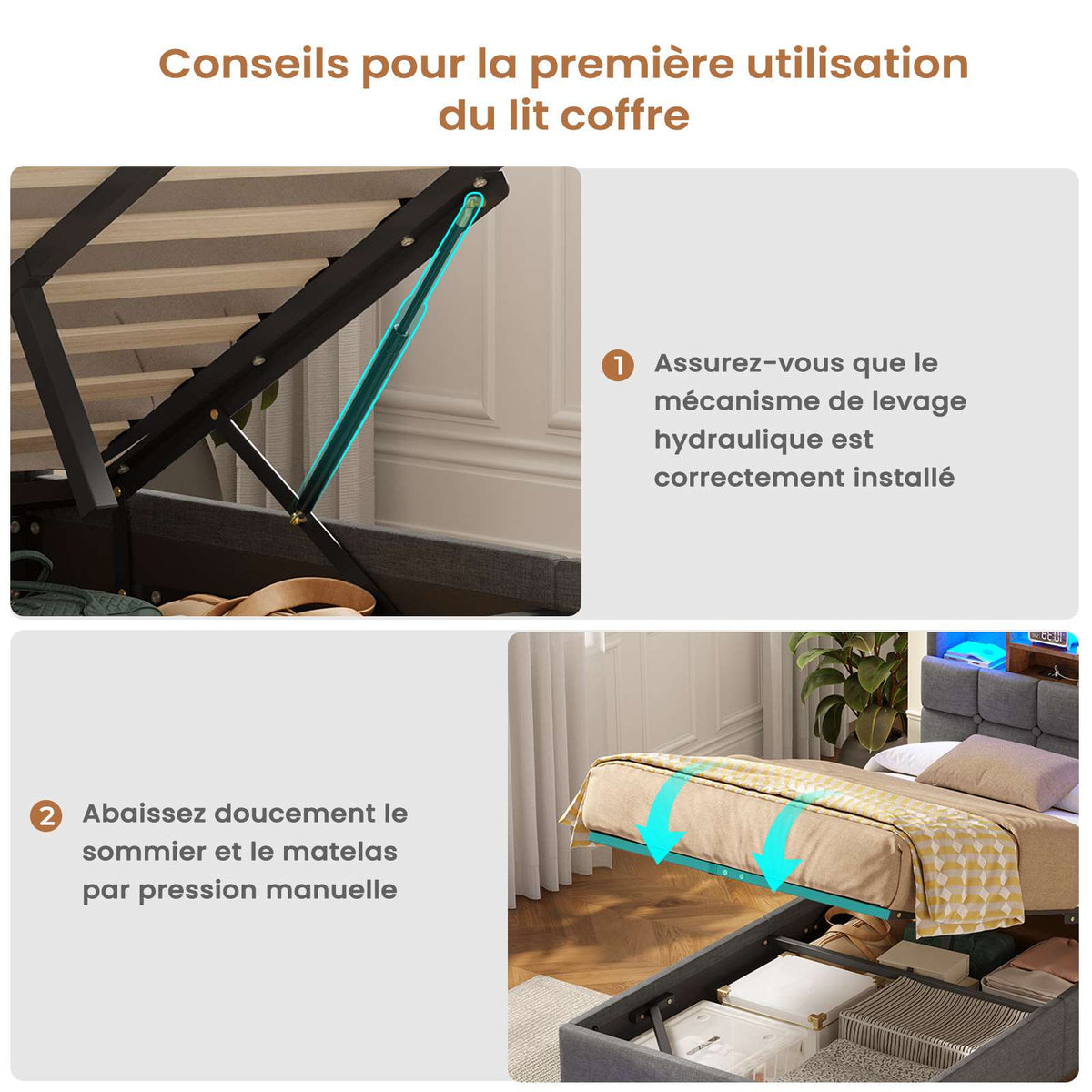 Lit simple avec rangement AOGLLATI 90 x 200 avec multiprise et éclairage LED réglable doté de 5 compartiments de rangement et d'un espace de rangement sous le lit en lin gris foncé