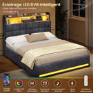 Lit simple avec rangement AOGLLATI 140 x 190 avec multiprise et éclairage LED réglable doté de 5 compartiments de rangement et d'un espace de rangement sous le lit en lin gris foncé