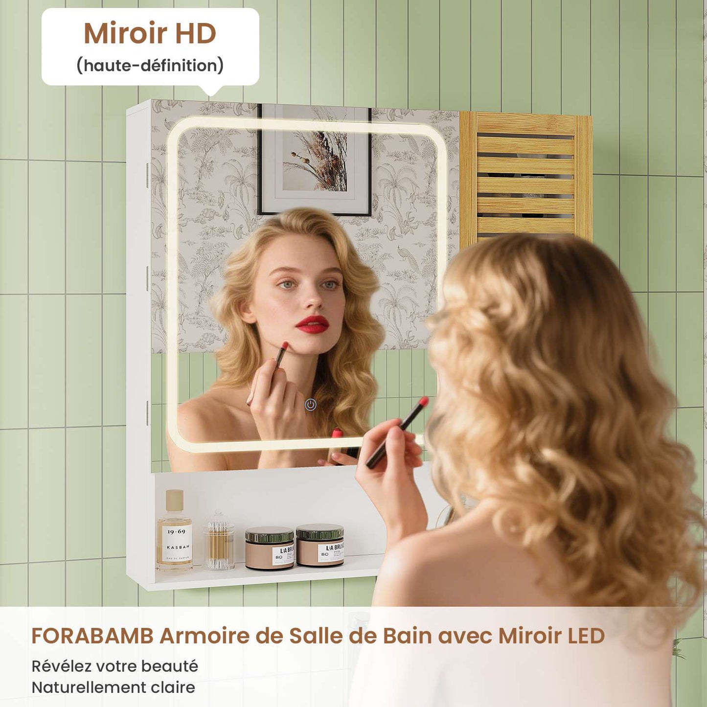AOGLLATI Meuble de salle de bains avec éclairage LED et prise électrique comprenant une coiffeuse avec miroir et étagères réglables, 6 compartiments de rangement  80 x 16 x 77 cm