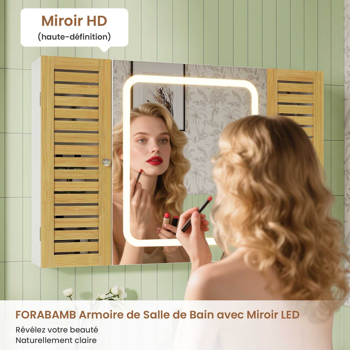 AOGLLATI Meuble de salle de bains avec éclairage LED et prise électrique comprenant une coiffeuse avec miroir et étagères réglables, 6 compartiments de rangement 90x16x60cm