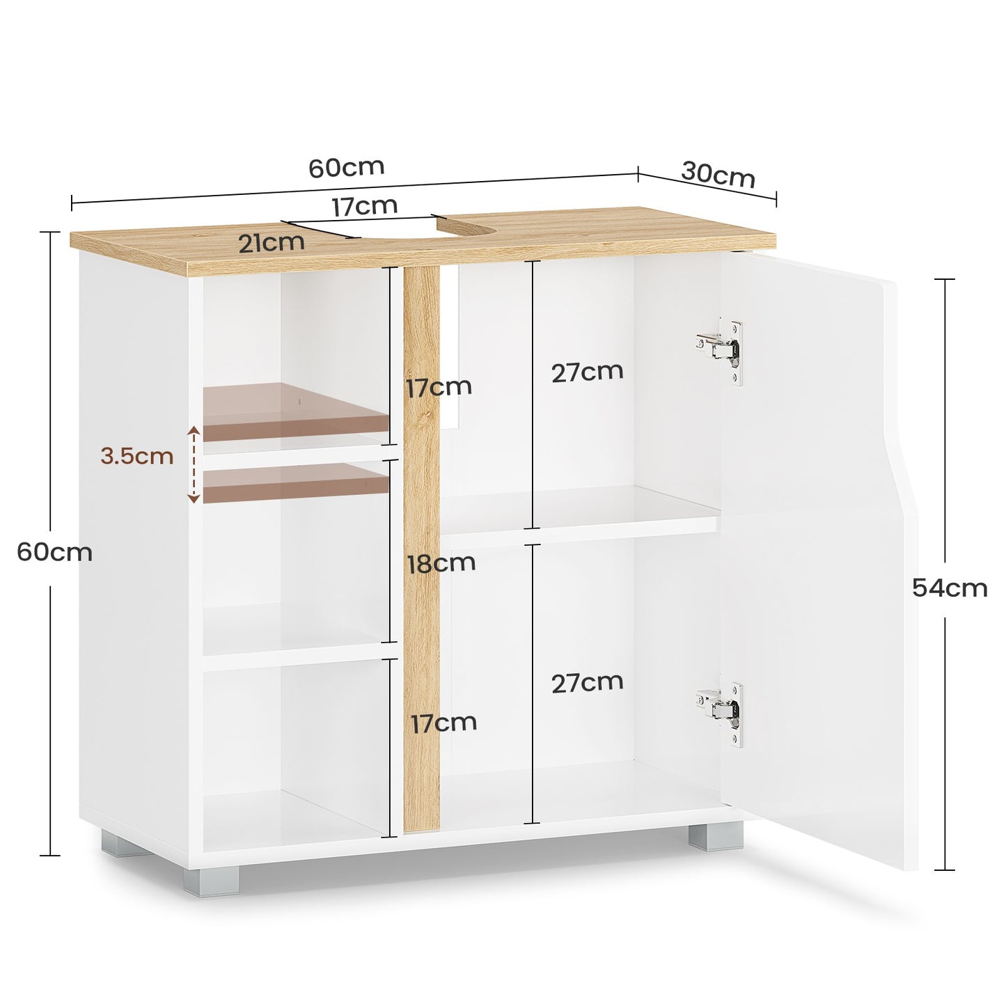 Meuble sous Lavabo Salle de Bain Meuble Salle de Bain avec Étagère Réglable Compartiments Fermés 3 Étagères Ouvertes
