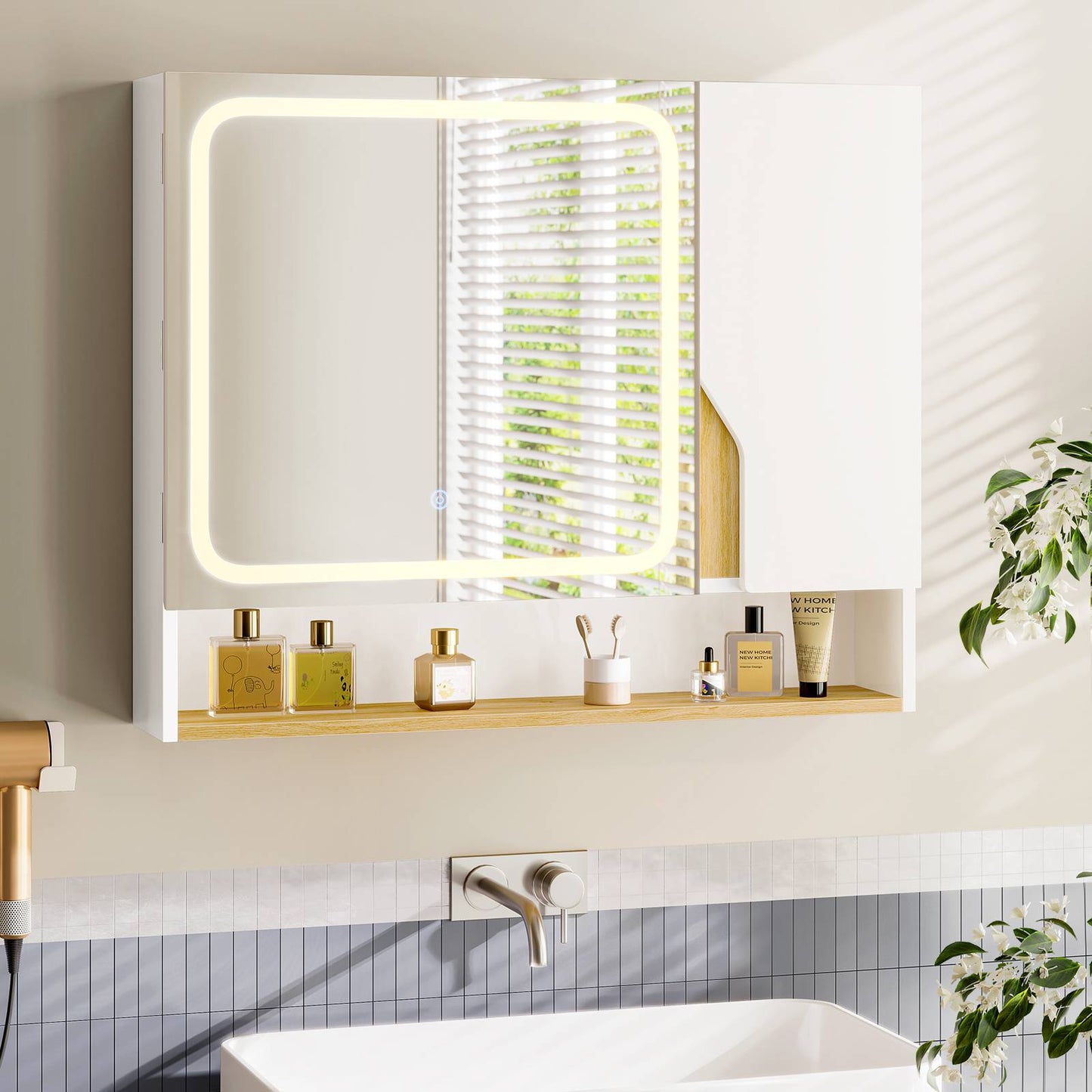 Meuble de Salle de Bain avec Éclairage LED et Miroir HD Armoire Miroir Salle de Bain avec 3 Étagères Réglables