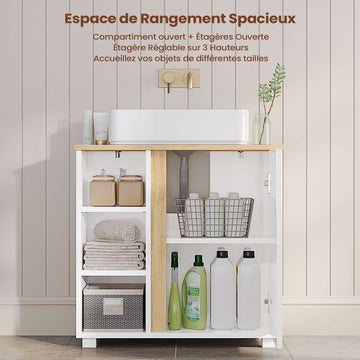 Meuble sous Lavabo Salle de Bain Meuble Salle de Bain avec Étagère Réglable Compartiments Fermés 3 Étagères Ouvertes