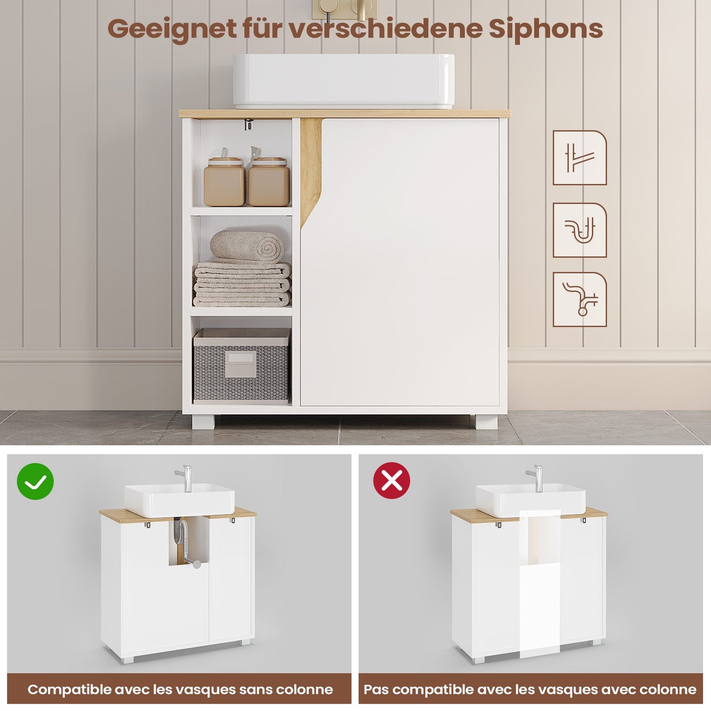Meuble sous Lavabo Salle de Bain Meuble Salle de Bain avec Étagère Réglable Compartiments Fermés 3 Étagères Ouvertes