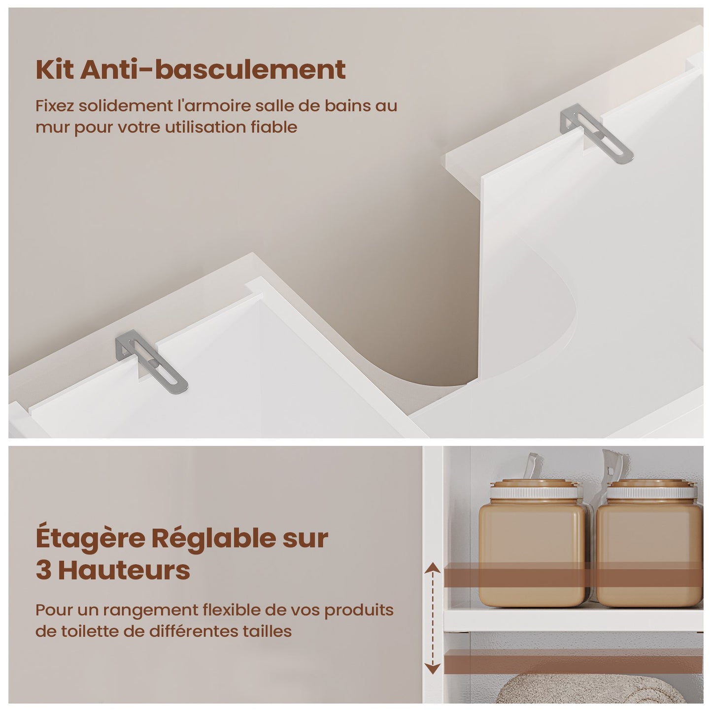 Meuble sous Lavabo Salle de Bain Meuble Salle de Bain avec Étagère Réglable Compartiments Fermés 3 Étagères Ouvertes