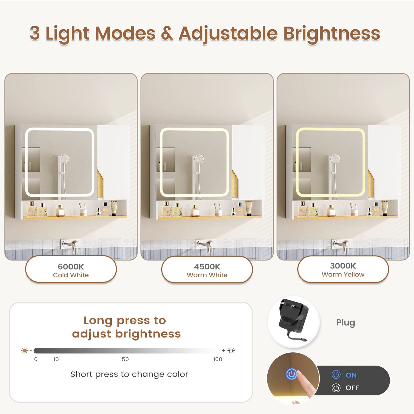 Meuble de Salle de Bain avec Éclairage LED et Miroir HD Armoire Miroir Salle de Bain avec 3 Étagères Réglables