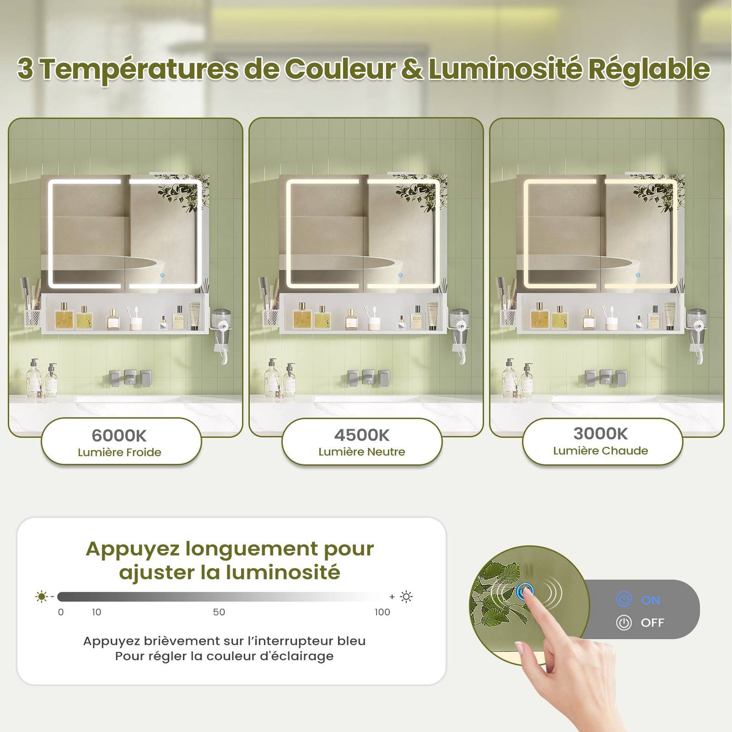 Meuble de Salle de Bain avec Éclairage LED  Multiprise Armoire de Toilett ave Étagère Réglable 3 Températures Lumière