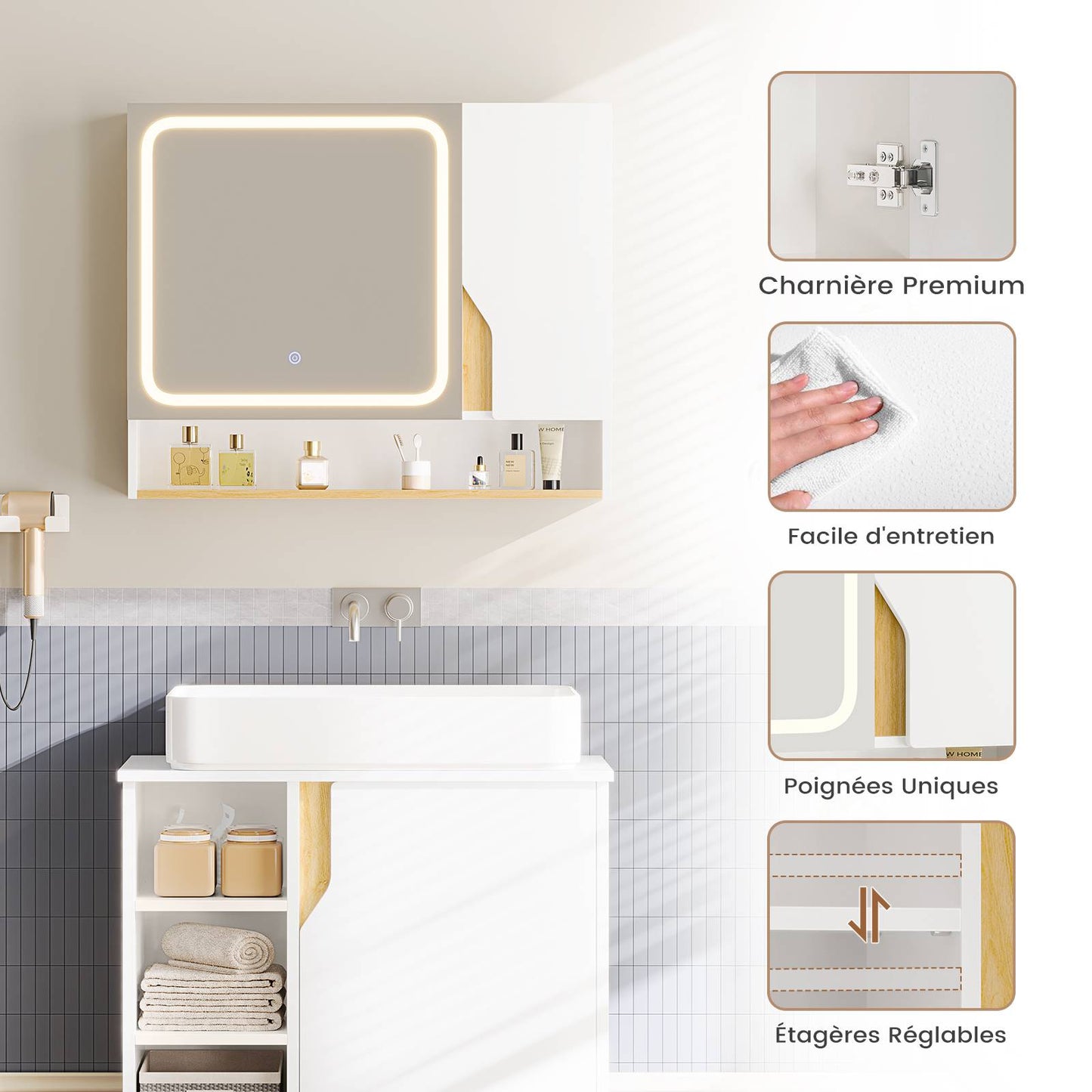 Meuble de Salle de Bain avec Éclairage LED et Miroir HD Armoire Miroir Salle de Bain avec 3 Étagères Réglables