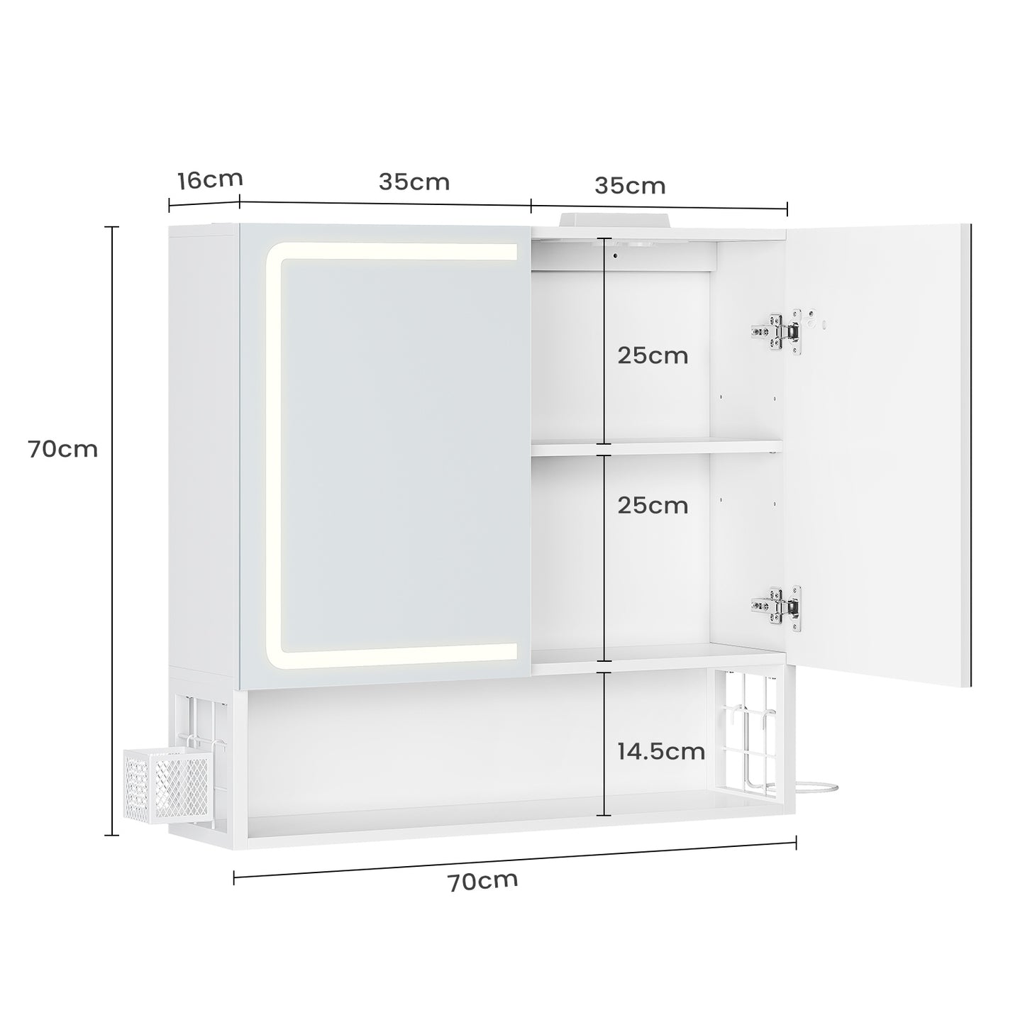 Meuble de Salle de Bain avec Éclairage LED  Multiprise Armoire de Toilett ave Étagère Réglable 3 Températures Lumière
