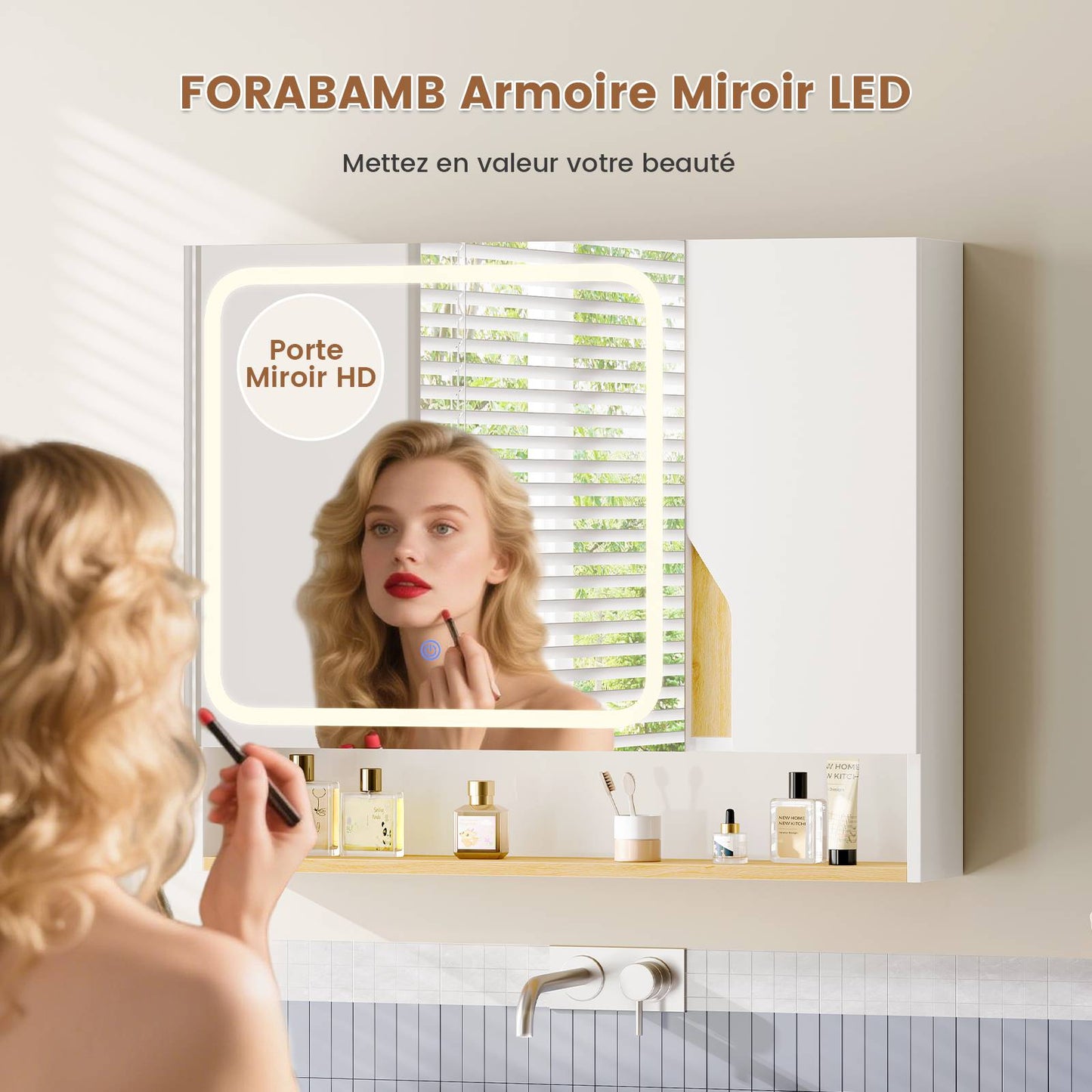 Meuble de Salle de Bain avec Éclairage LED et Miroir HD Armoire Miroir Salle de Bain avec 3 Étagères Réglables