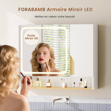 Meuble de Salle de Bain avec Éclairage LED et Miroir HD Armoire Miroir Salle de Bain avec 3 Étagères Réglables