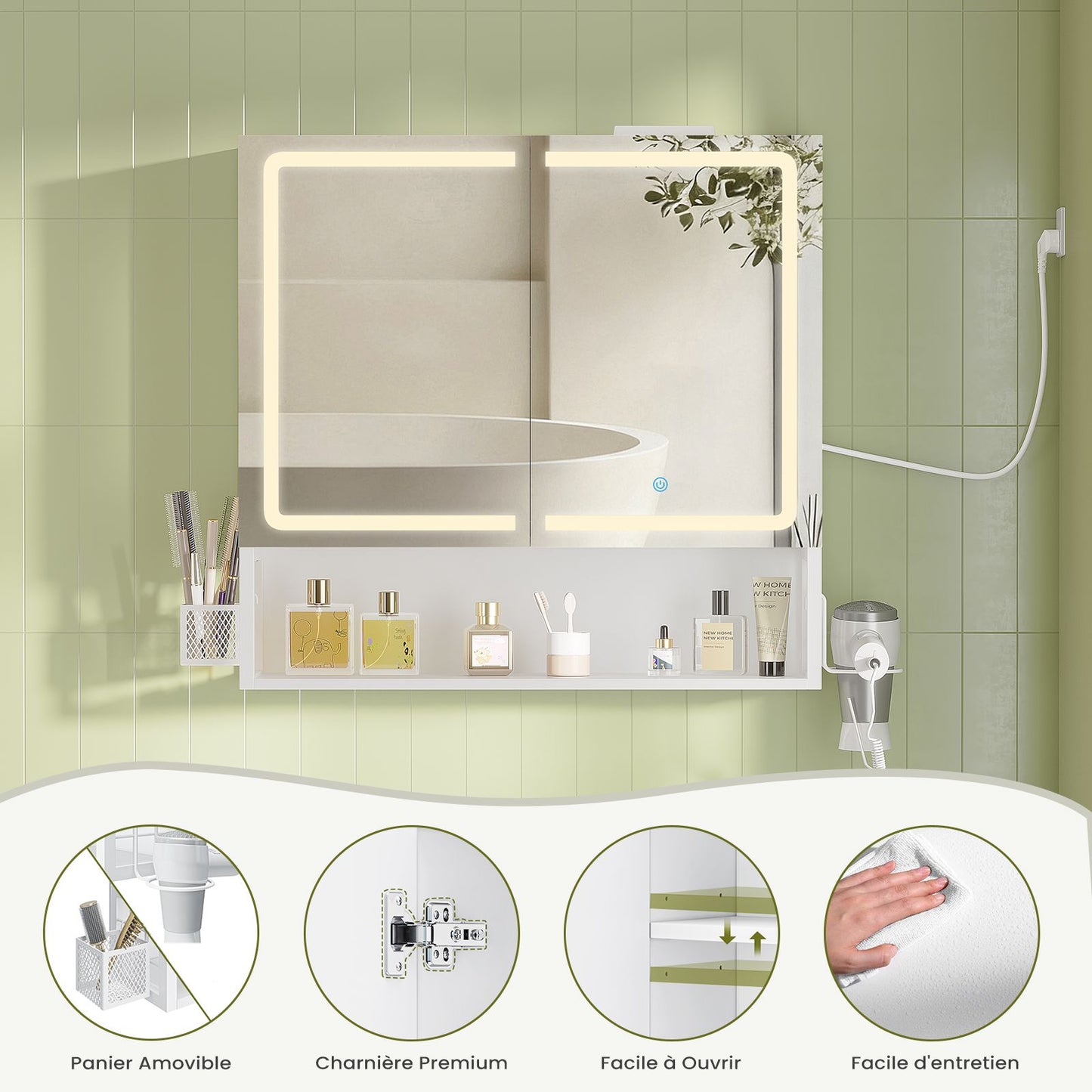Meuble de Salle de Bain avec Éclairage LED  Multiprise Armoire de Toilett ave Étagère Réglable 3 Températures Lumière