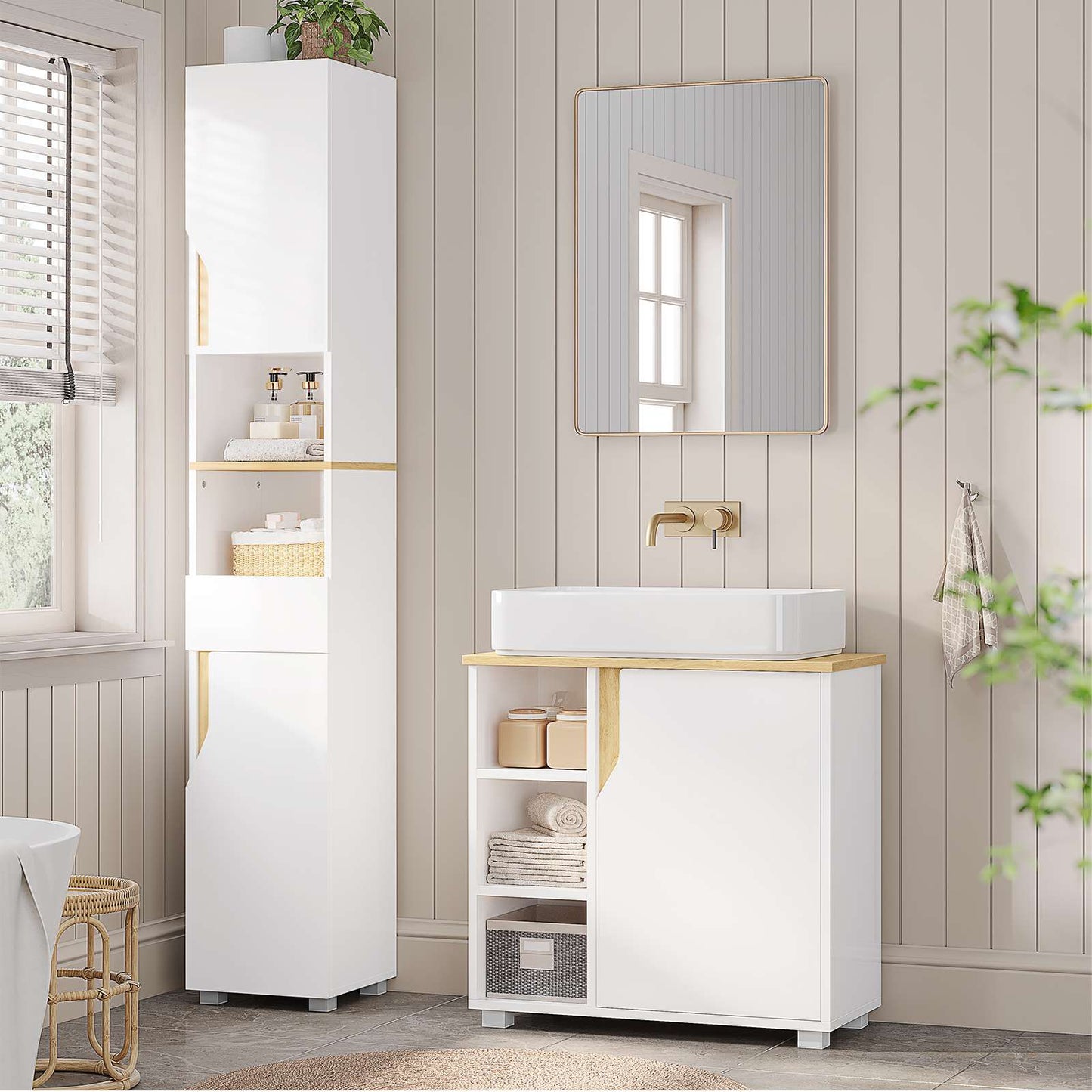 Meuble sous Lavabo Salle de Bain Meuble Salle de Bain avec Étagère Réglable Compartiments Fermés 3 Étagères Ouvertes