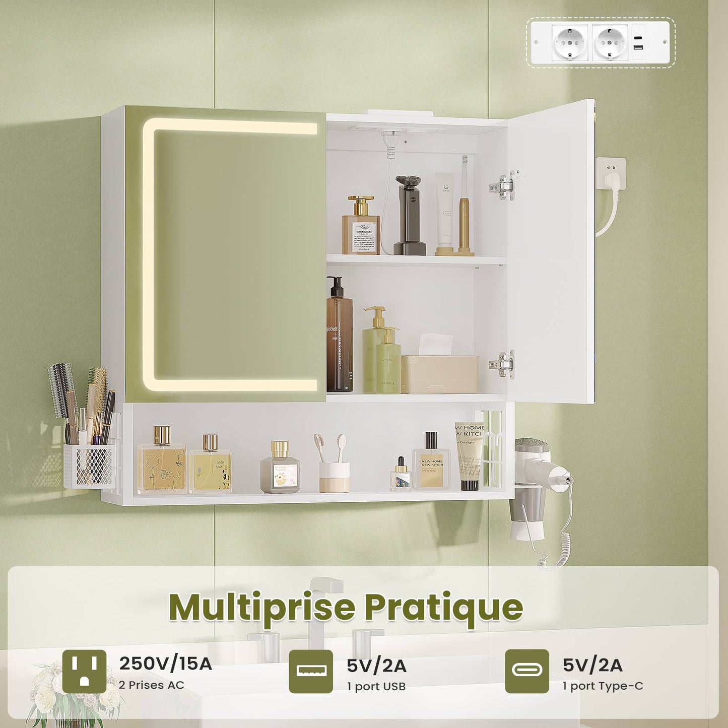 Meuble de Salle de Bain avec Éclairage LED  Multiprise Armoire de Toilett ave Étagère Réglable 3 Températures Lumière
