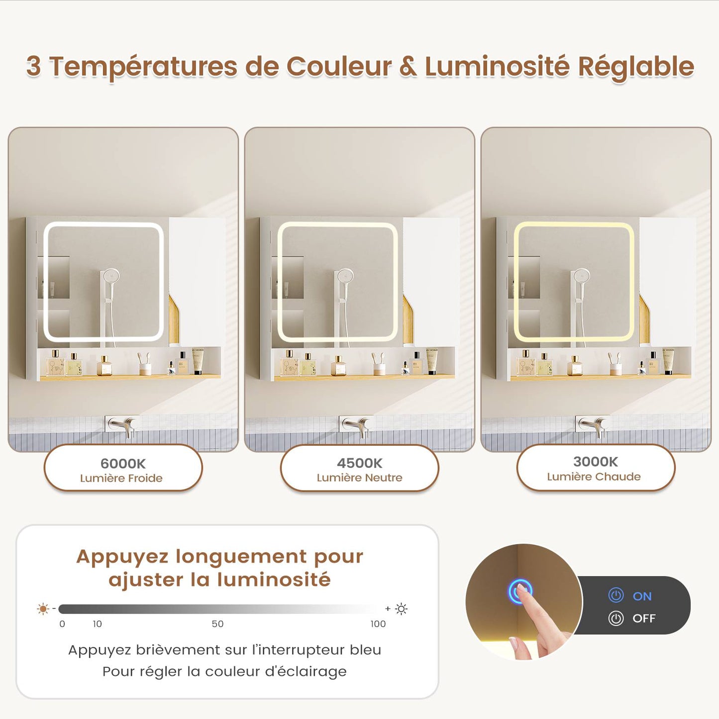 Meuble de Salle de Bain avec Éclairage LED et Miroir HD Armoire Miroir Salle de Bain avec 3 Étagères Réglables