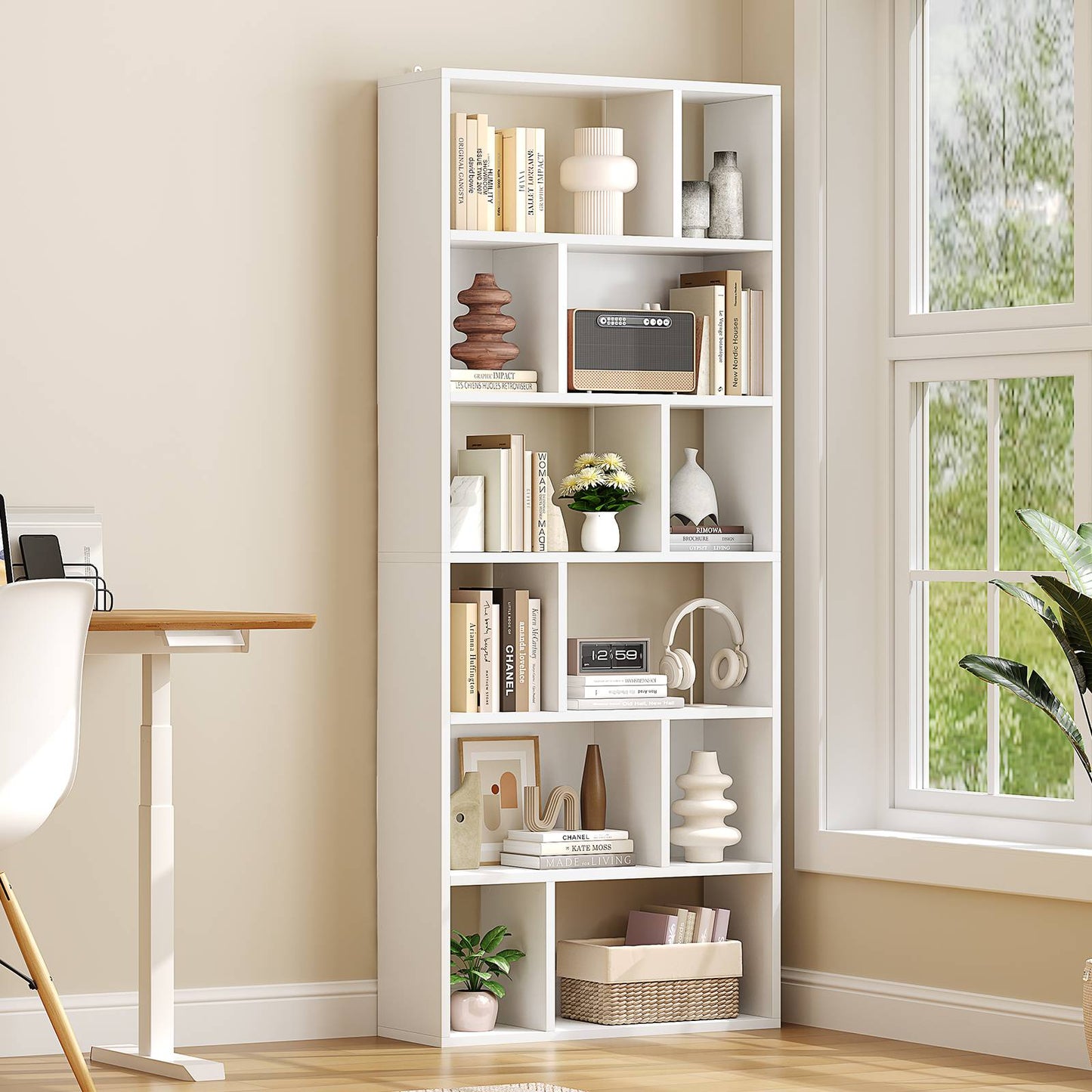 Bibliothèque Étagère à 6 Niveaux Cloison Séparateur, Présentoir Meuble de Rangement avec 12 Compartiments Ouverts
