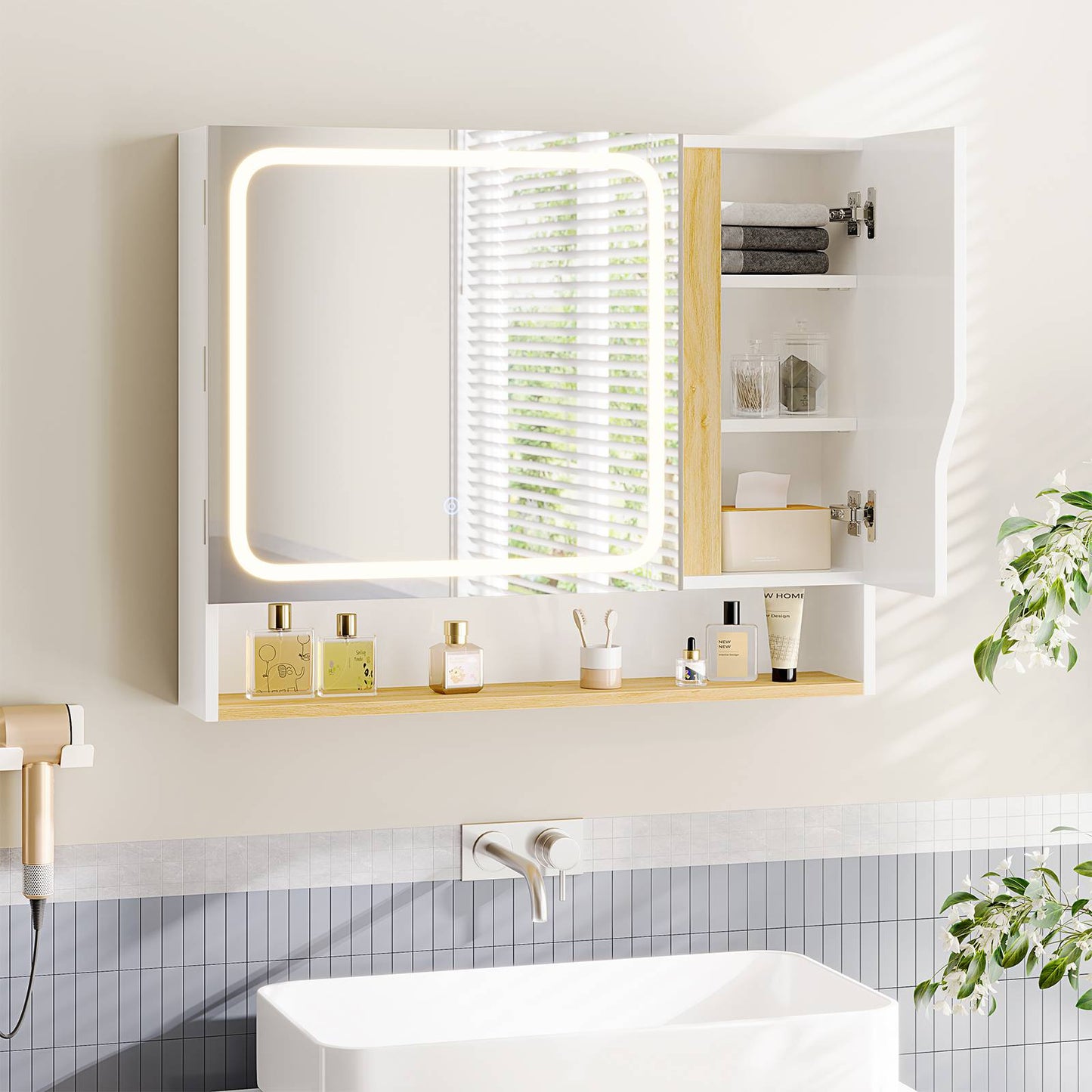Meuble de Salle de Bain avec Éclairage LED et Miroir HD Armoire Miroir Salle de Bain avec 3 Étagères Réglables
