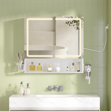 Meuble de Salle de Bain avec Éclairage LED  Multiprise Armoire de Toilett ave Étagère Réglable 3 Températures Lumière