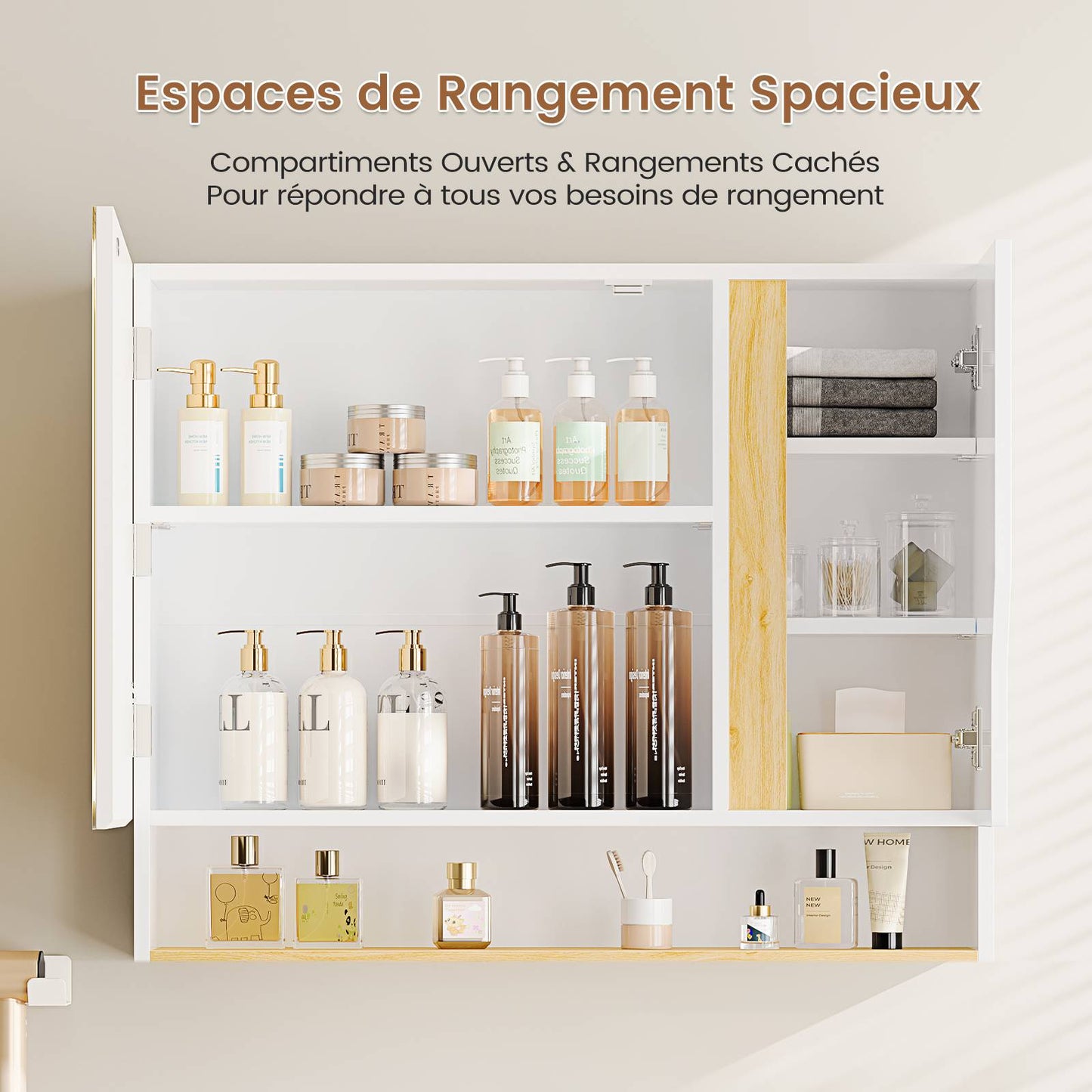 Meuble de Salle de Bain avec Éclairage LED et Miroir HD Armoire Miroir Salle de Bain avec 3 Étagères Réglables