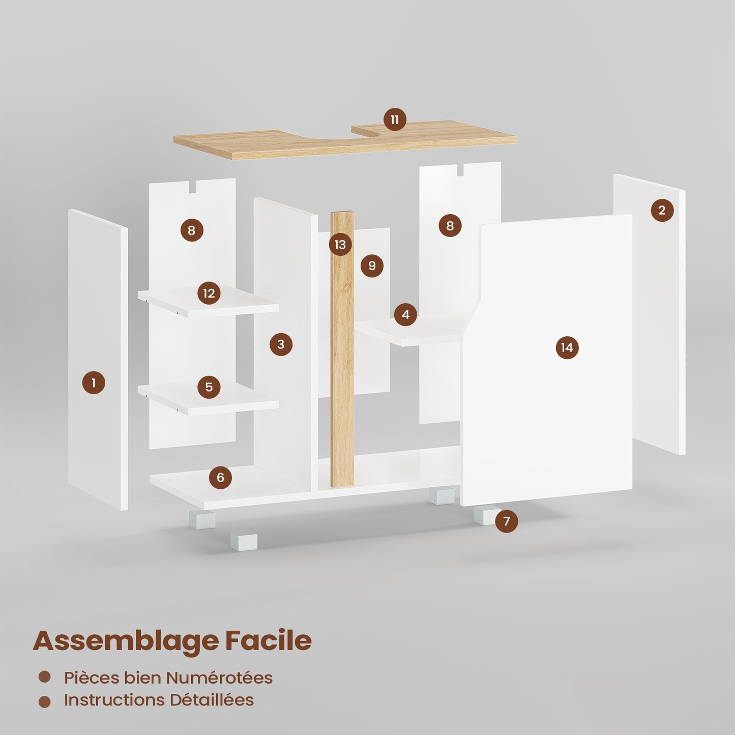 Meuble sous Lavabo Salle de Bain Meuble Salle de Bain avec Étagère Réglable Compartiments Fermés 3 Étagères Ouvertes