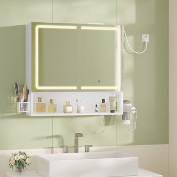 Meuble de Salle de Bain avec Éclairage LED  Multiprise Armoire de Toilett ave Étagère Réglable 3 Températures Lumière