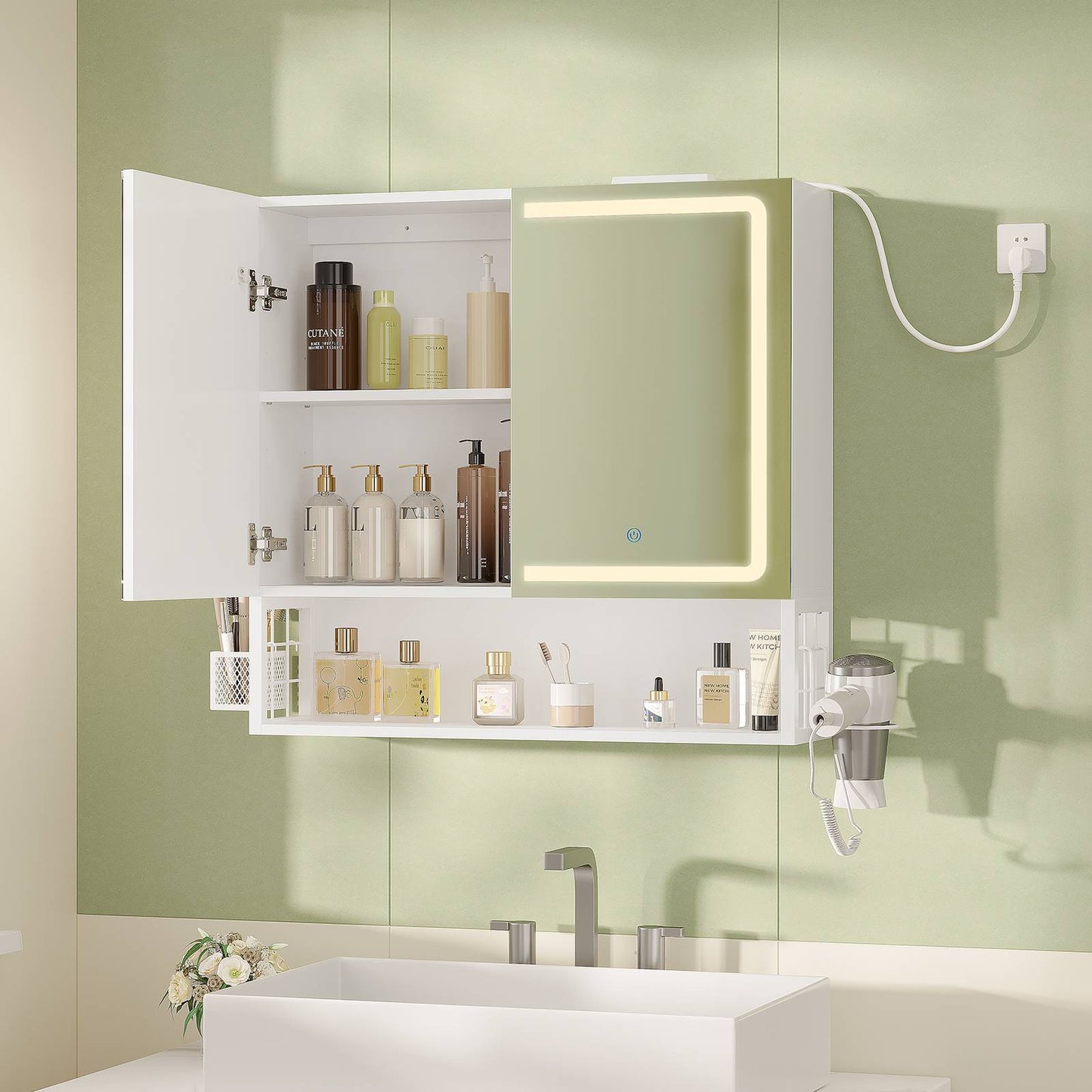 Meuble de Salle de Bain avec Éclairage LED  Multiprise Armoire de Toilett ave Étagère Réglable 3 Températures Lumière
