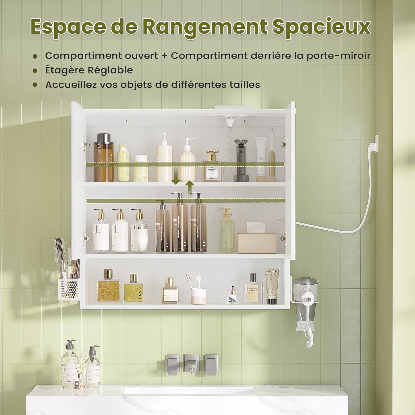Meuble de Salle de Bain avec Éclairage LED  Multiprise Armoire de Toilett ave Étagère Réglable 3 Températures Lumière