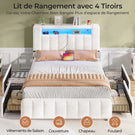 AOGLLATI Lit 140x200 avec Éclairage LED et Multiprise avec 4 Grands Tiroirs 2 Étagère Ouverte et 4 Compartiments Latéraux
