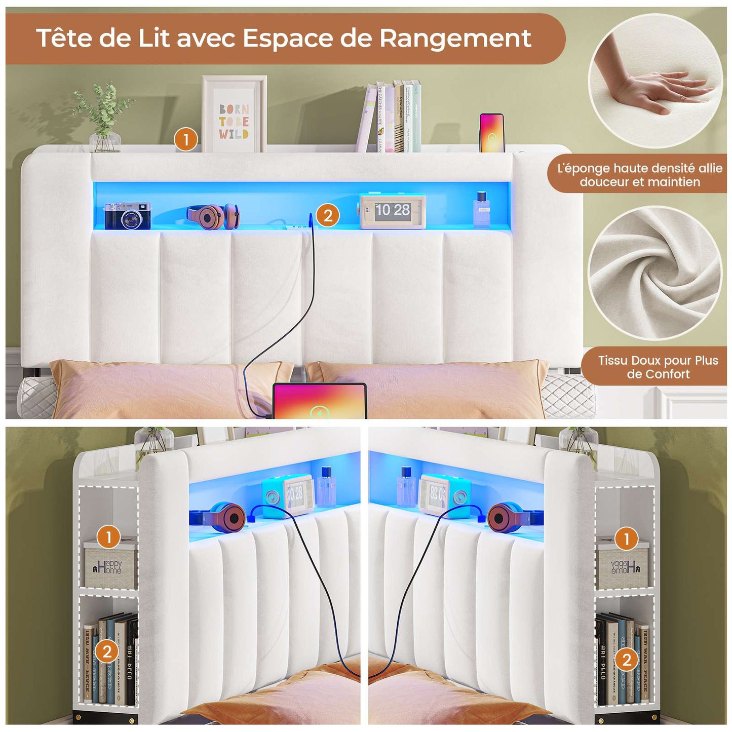 AOGLLATI Lit 140x200 avec Éclairage LED et Multiprise avec 4 Grands Tiroirs 2 Étagère Ouverte et 4 Compartiments Latéraux