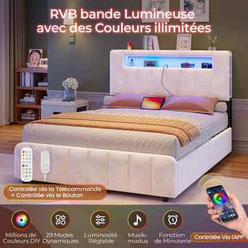 AOGLLATI Lit 140x200 avec Éclairage LED et Multiprise avec 4 Grands Tiroirs 2 Étagère Ouverte et 4 Compartiments Latéraux