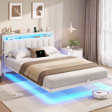AOGLLATI Cadre de Lit 140x200 avec Multiprise et Éclairage LED Lit 2 Personnes Flottant avec Tête de Lit Rangement