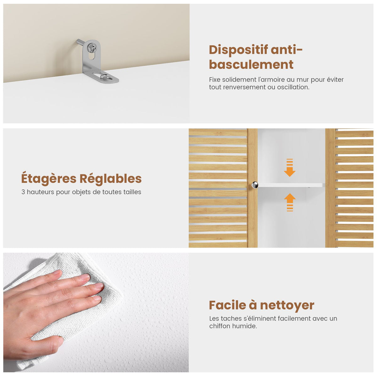 Meuble Colonne de Salle de Bain Armoire de Salle de Bain avec Panier à Linge 2 Paniers Lavables 50L