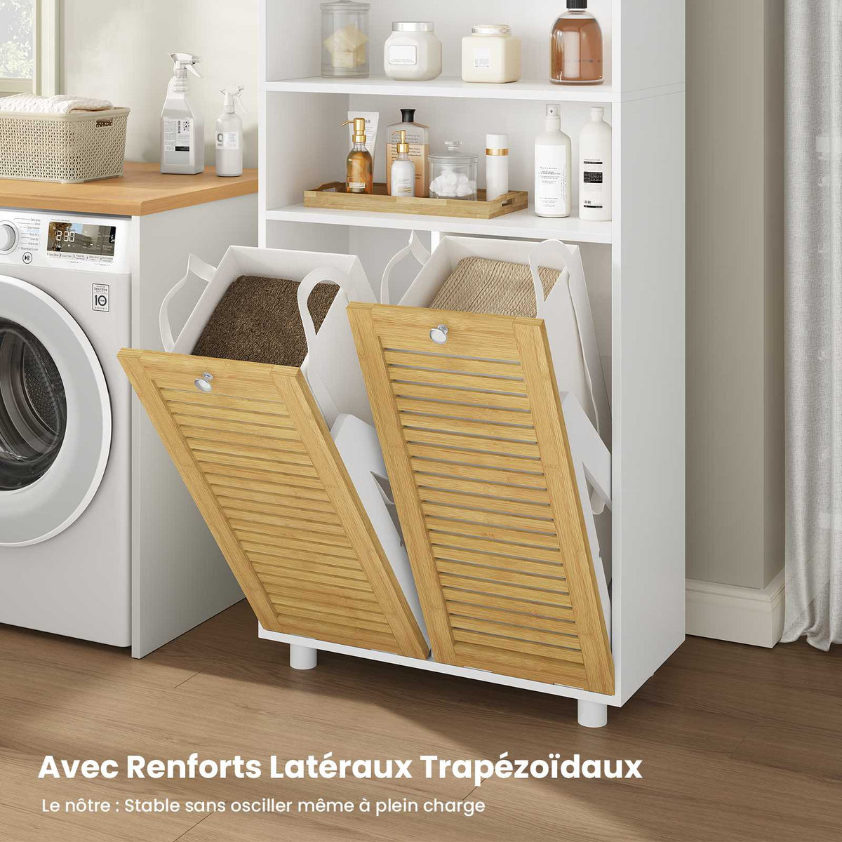 Meuble Colonne de Salle de Bain Armoire de Salle de Bain avec Panier à Linge 2 Paniers Lavables 50L