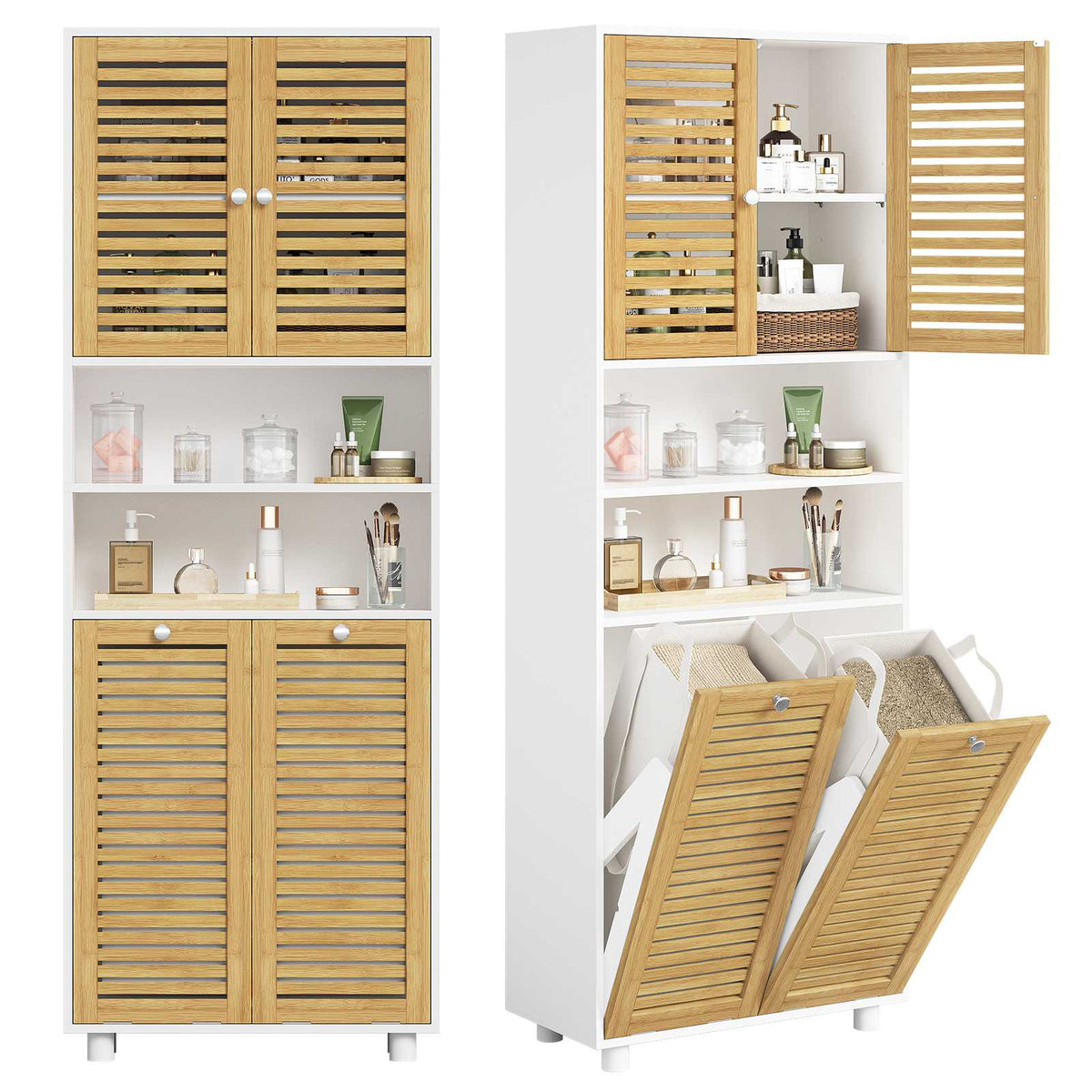 Meuble Colonne de Salle de Bain Armoire de Salle de Bain avec Panier à Linge 2 Paniers Lavables 50L