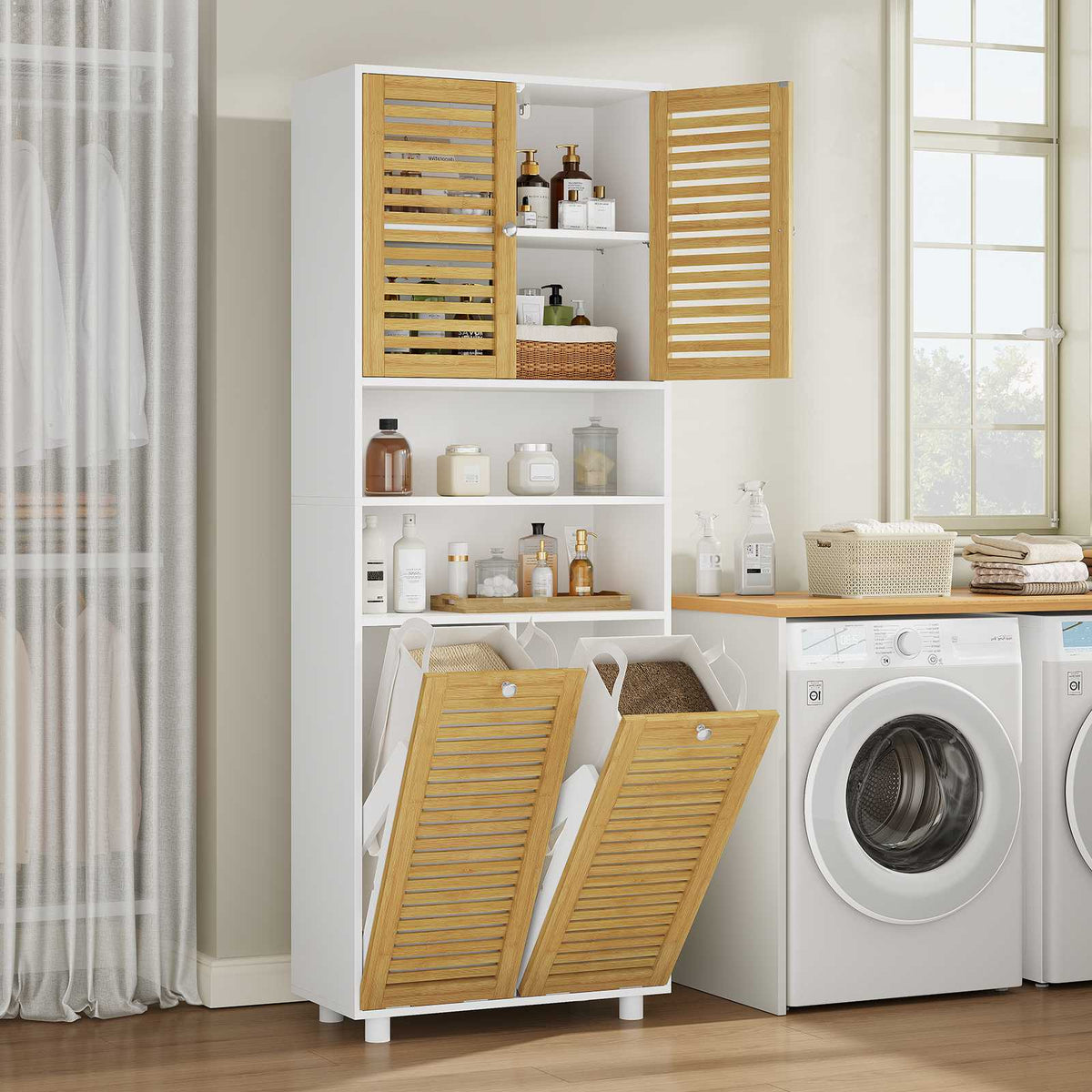 Meuble Colonne de Salle de Bain Armoire de Salle de Bain avec Panier à Linge 2 Paniers Lavables 50L