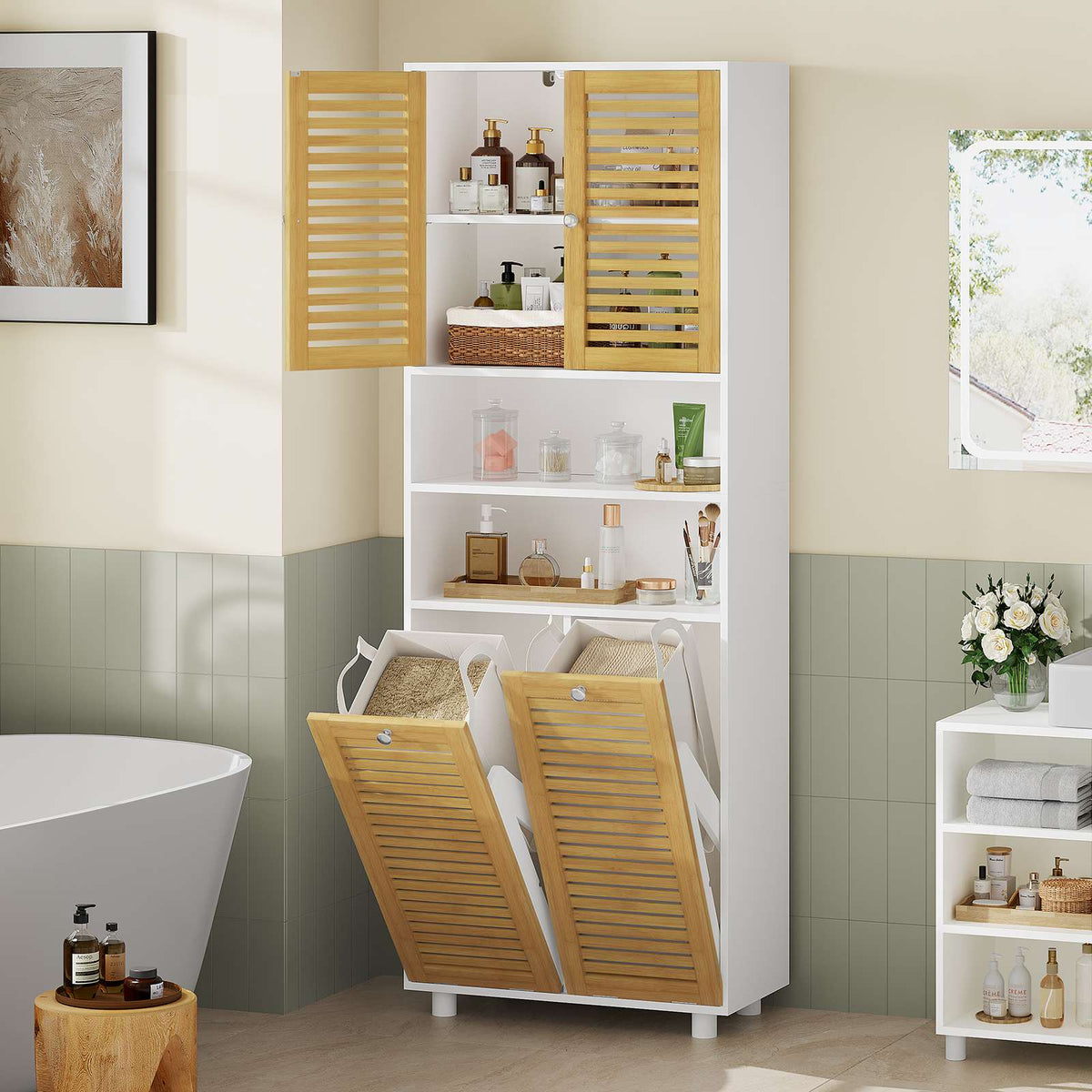 Meuble Colonne de Salle de Bain Armoire de Salle de Bain avec Panier à Linge 2 Paniers Lavables 50L