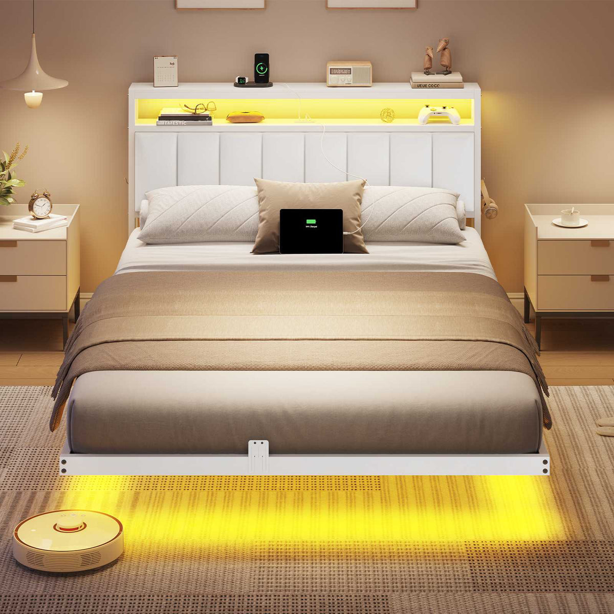 AOGLLATI Cadre de Lit 140x200 avec Multiprise et Éclairage LED Lit 2 Personnes Flottant avec Tête de Lit Rangement