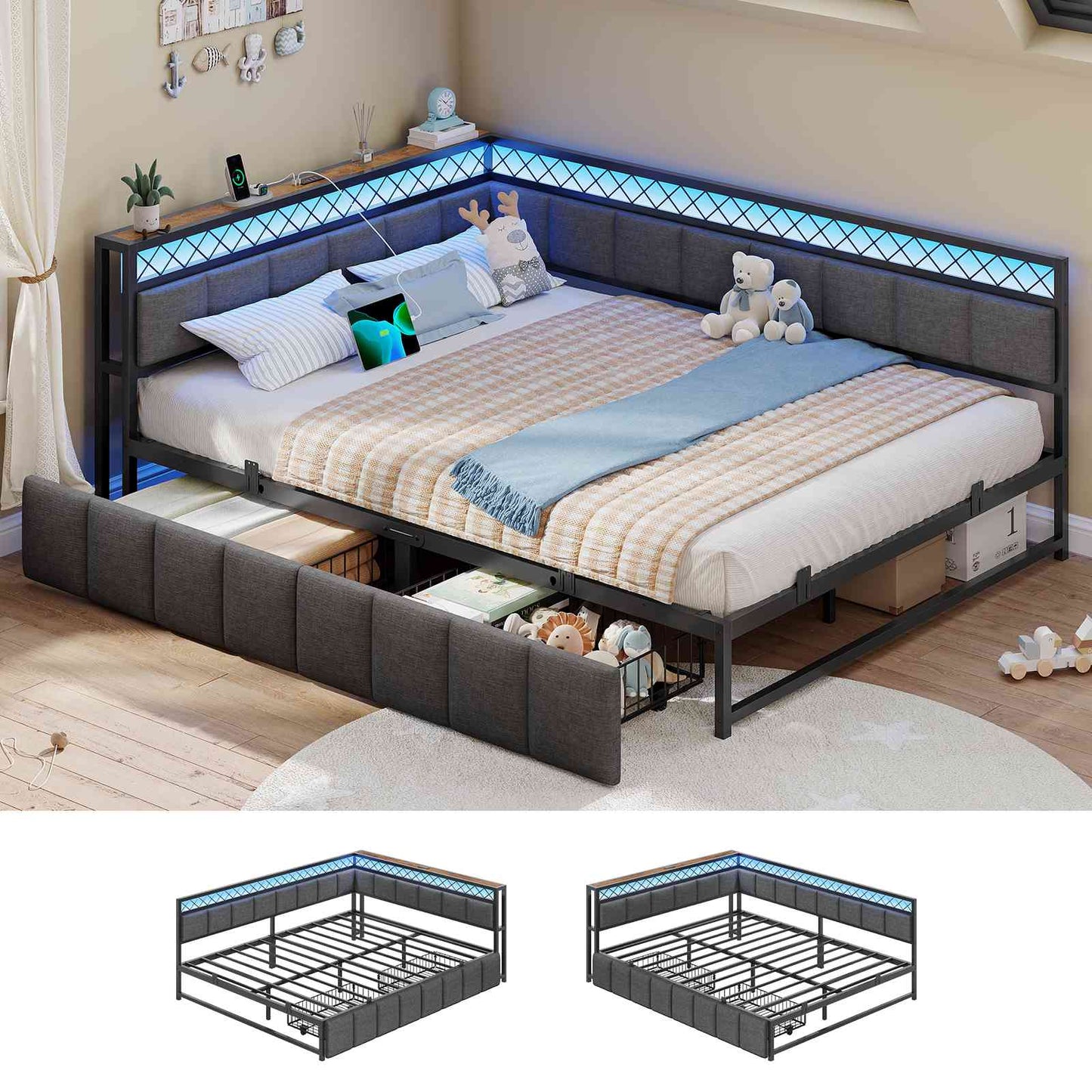 AOGLLATI Canapé Lit 140x200 avec Étagère Ouverte et 2 Grands Tiroirs Lit 140x200 avec Éclairage LED et Multiprise