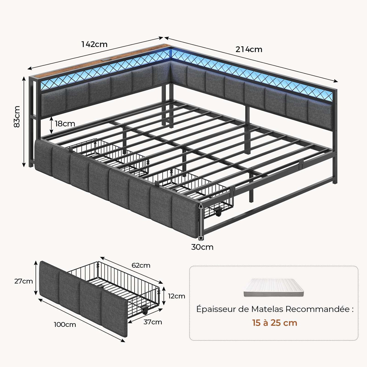 AOGLLATI Canapé Lit 140x200 avec Étagère Ouverte et 2 Grands Tiroirs Lit 140x200 avec Éclairage LED et Multiprise