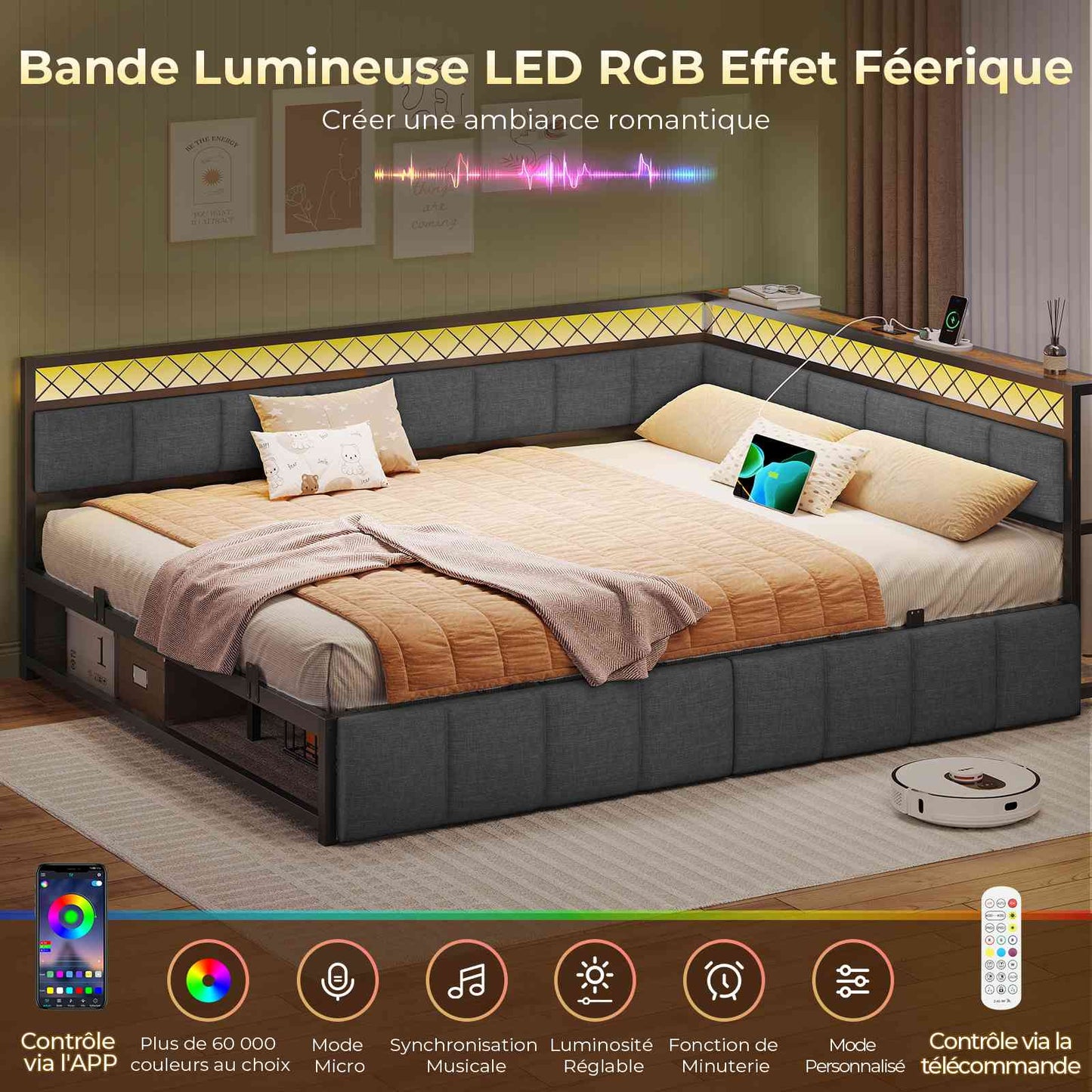 AOGLLATI Canapé Lit 140x200 avec Étagère Ouverte et 2 Grands Tiroirs Lit 140x200 avec Éclairage LED et Multiprise