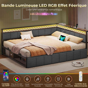 AOGLLATI Canapé Lit 140x200 avec Étagère Ouverte et 2 Grands Tiroirs Lit 140x200 avec Éclairage LED et Multiprise