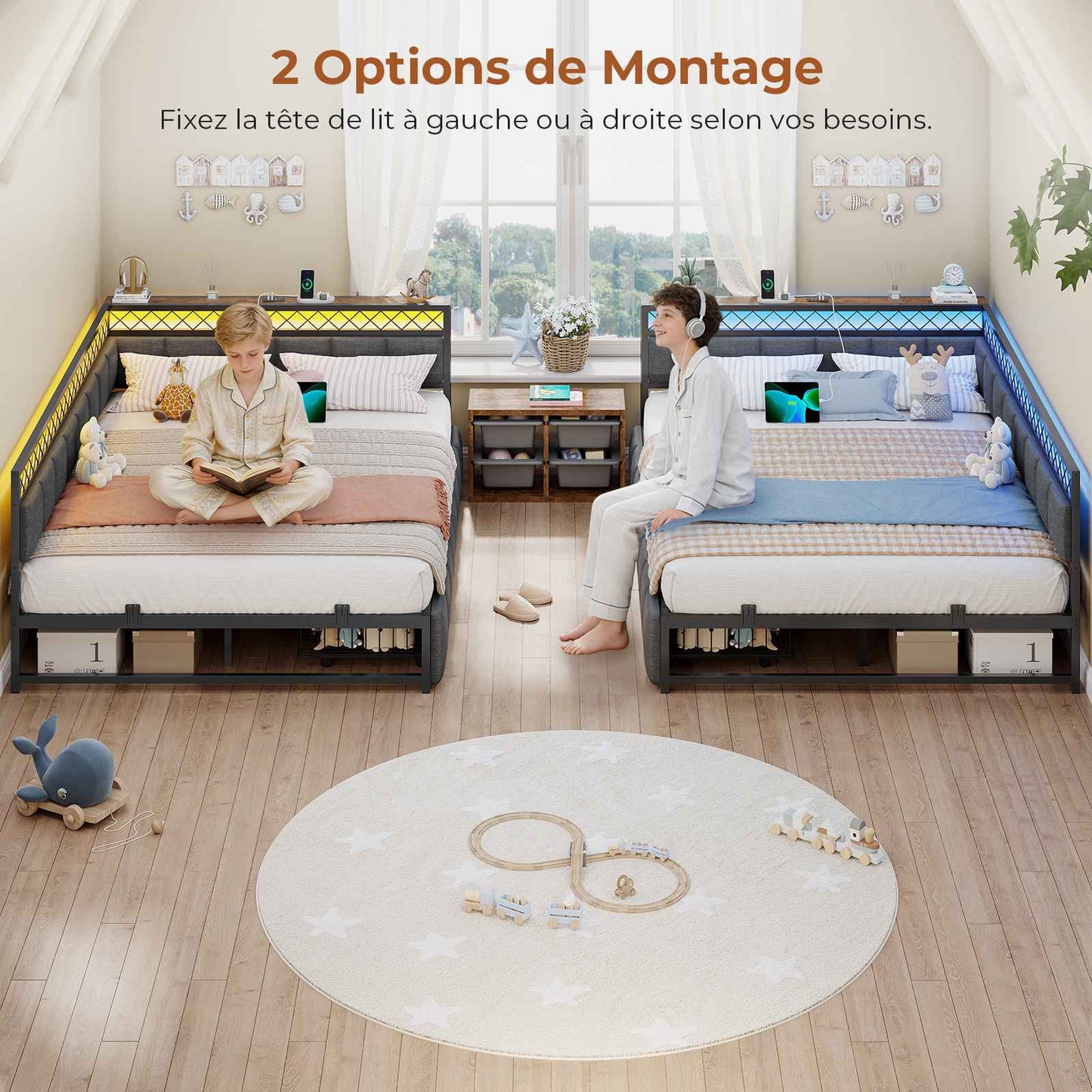 AOGLLATI Canapé Lit 140x200 avec Étagère Ouverte et 2 Grands Tiroirs Lit 140x200 avec Éclairage LED et Multiprise