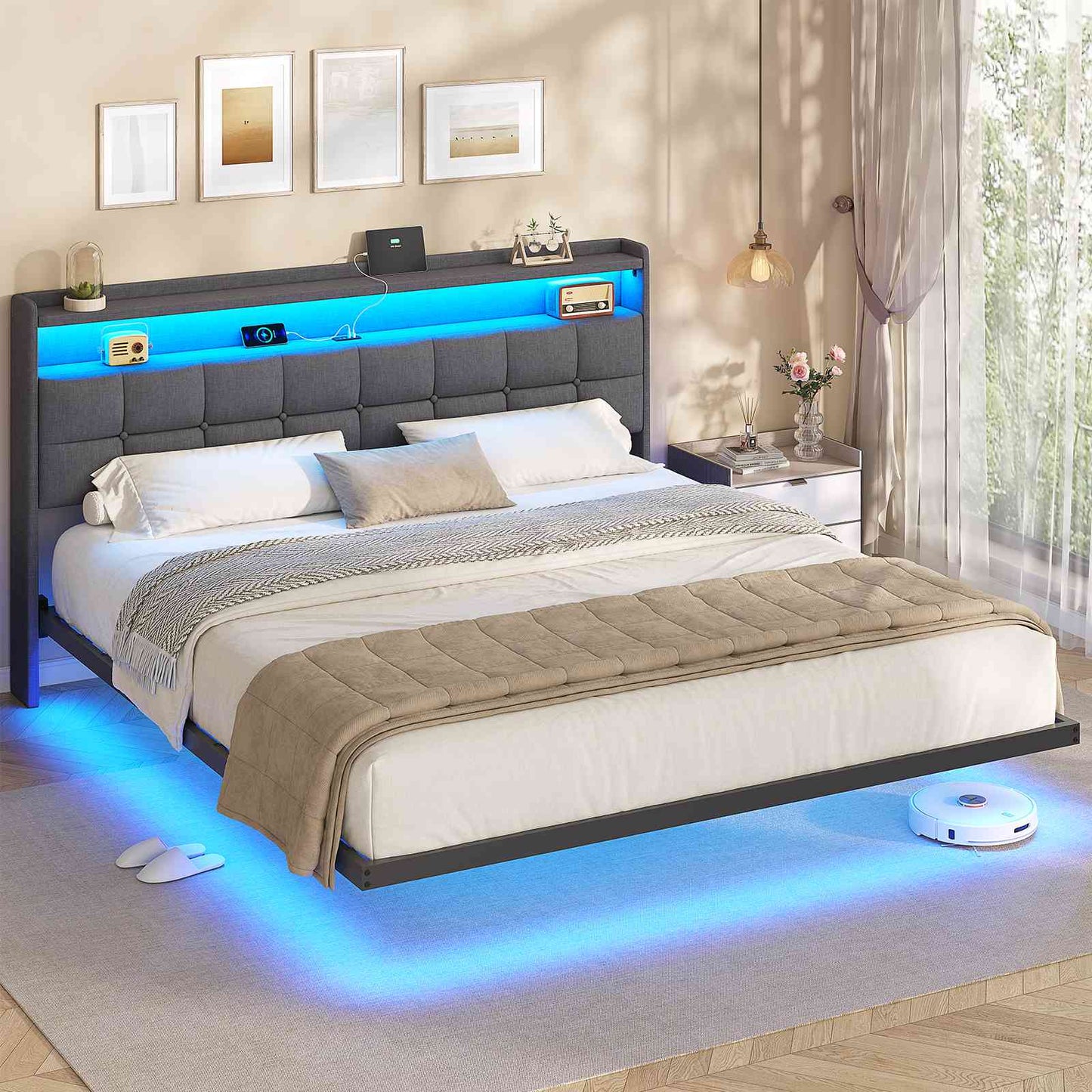 AOGLLATI Lit Flottant 180×200 CM Cadre de Lit Métal avec Éclairage LED Multiprise Tête de lit Capitonnée avec Rangement